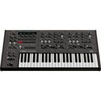 UDO Audio DMNO keyboard synthesizer with black keys and control knobs, shown from a front angle.