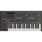 UDO Audio DMNO keyboard synthesizer with black keys and control knobs, showing front panel and key layout.