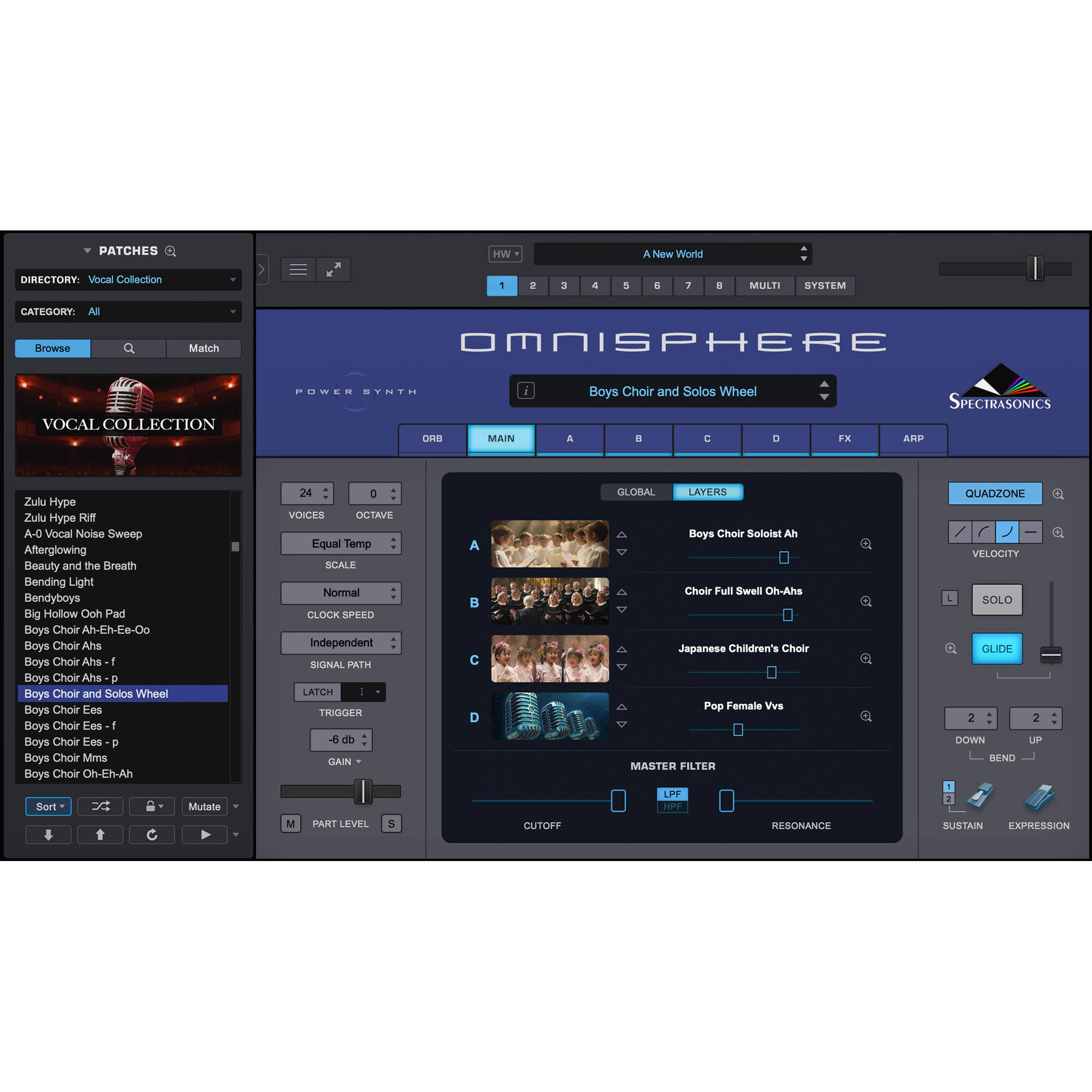 Spectrasonics Omnisphere 3 music production software interface with virtual instrument controls and digital sound modules.