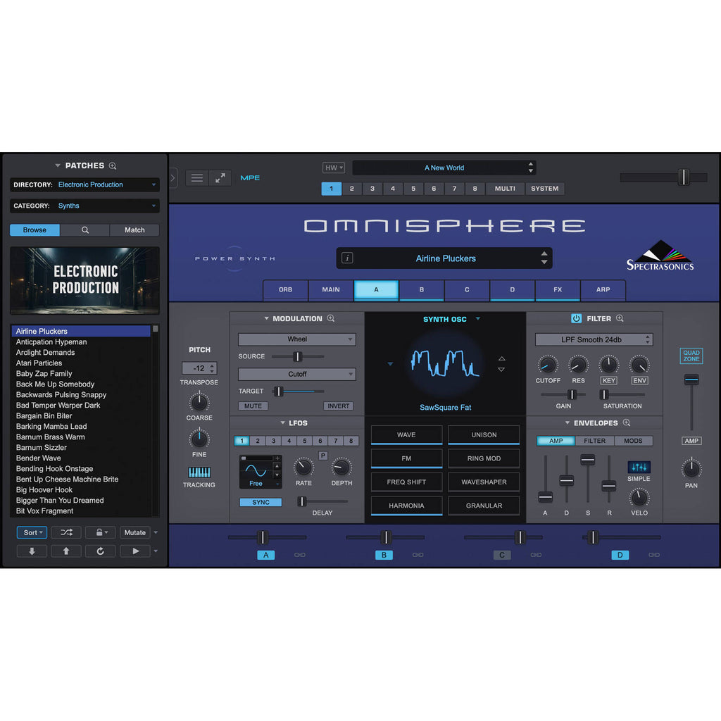 Spectrasonics Omnisphere 3 music production software interface on a computer screen, showing various sound editing tools.