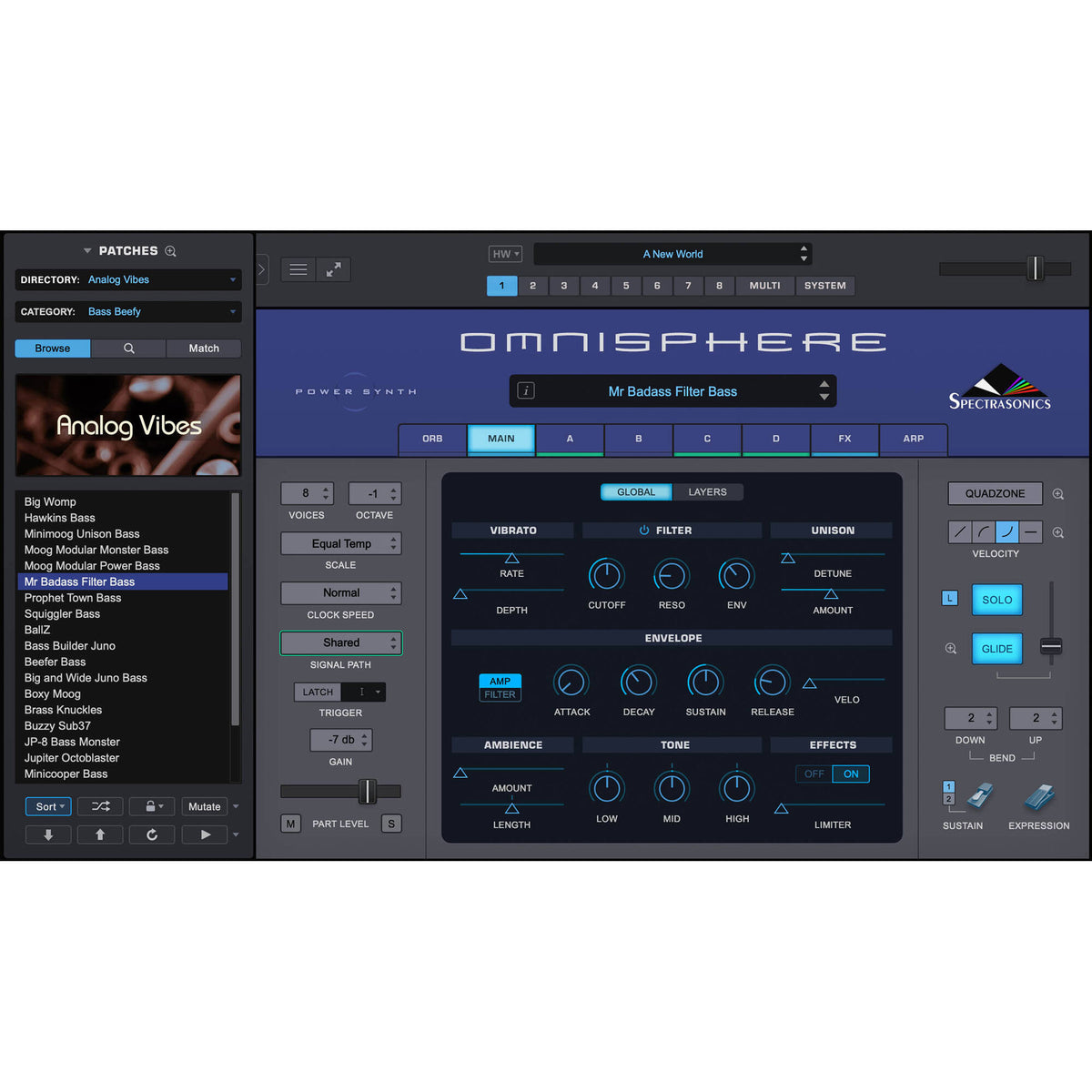 Spectrasonics Omnisphere 3 music production software interface with virtual synthesizer controls and colorful waveform displays.