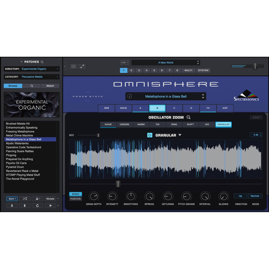 Spectrasonics Omnisphere 3 music production software interface with waveforms and controls on screen.