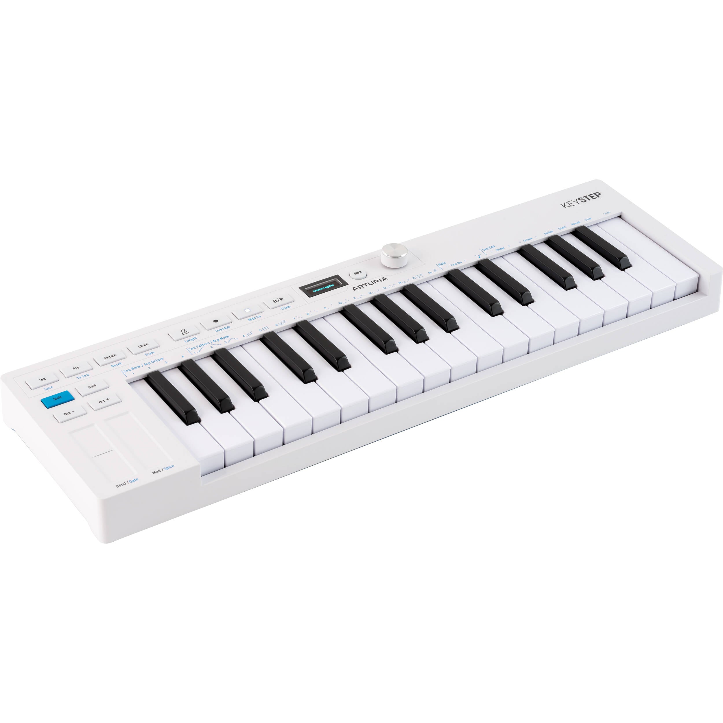 Arturia KeyStep MK2 MIDI controller with keyboard and control knobs, compact design for music production and performance.