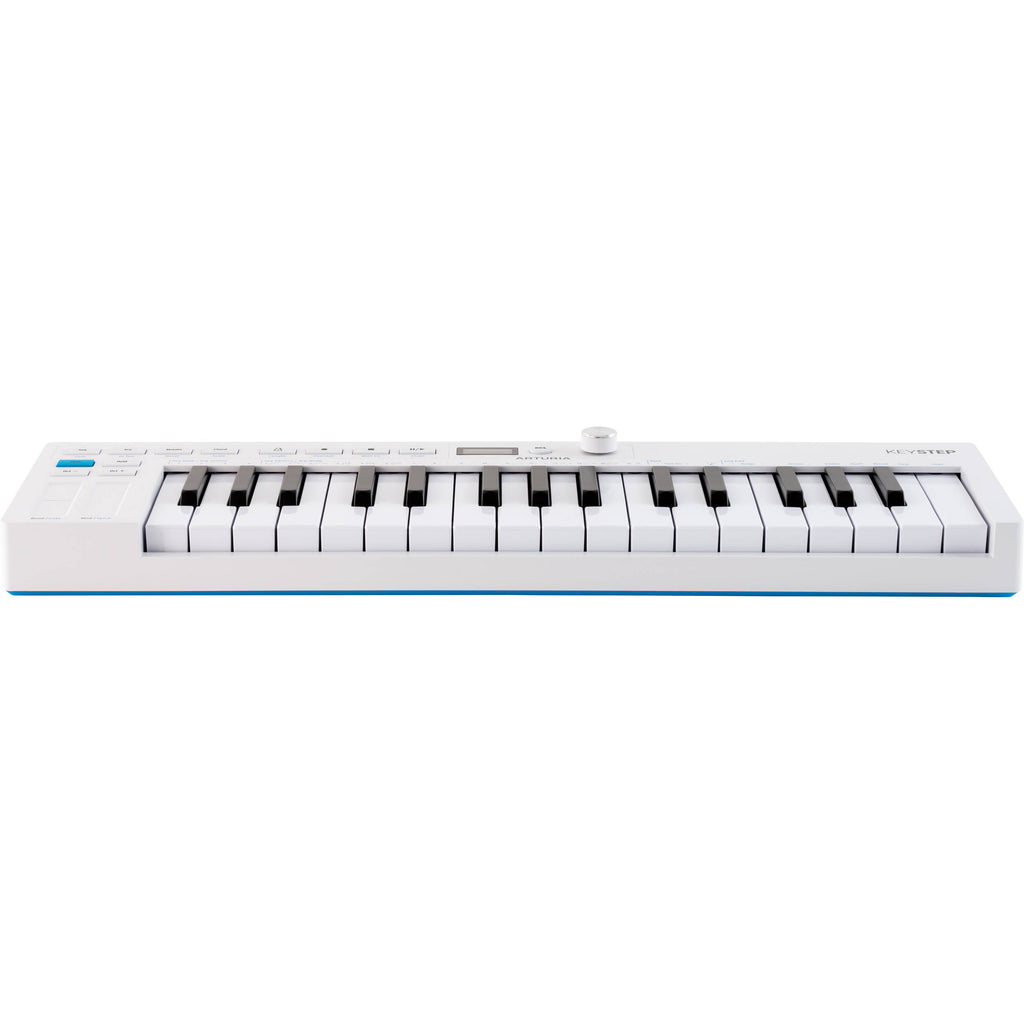 Arturia KeyStep MK2 MIDI controller with 32 keys, pitch and modulation wheels, and colorful control knobs on a sleek black design.