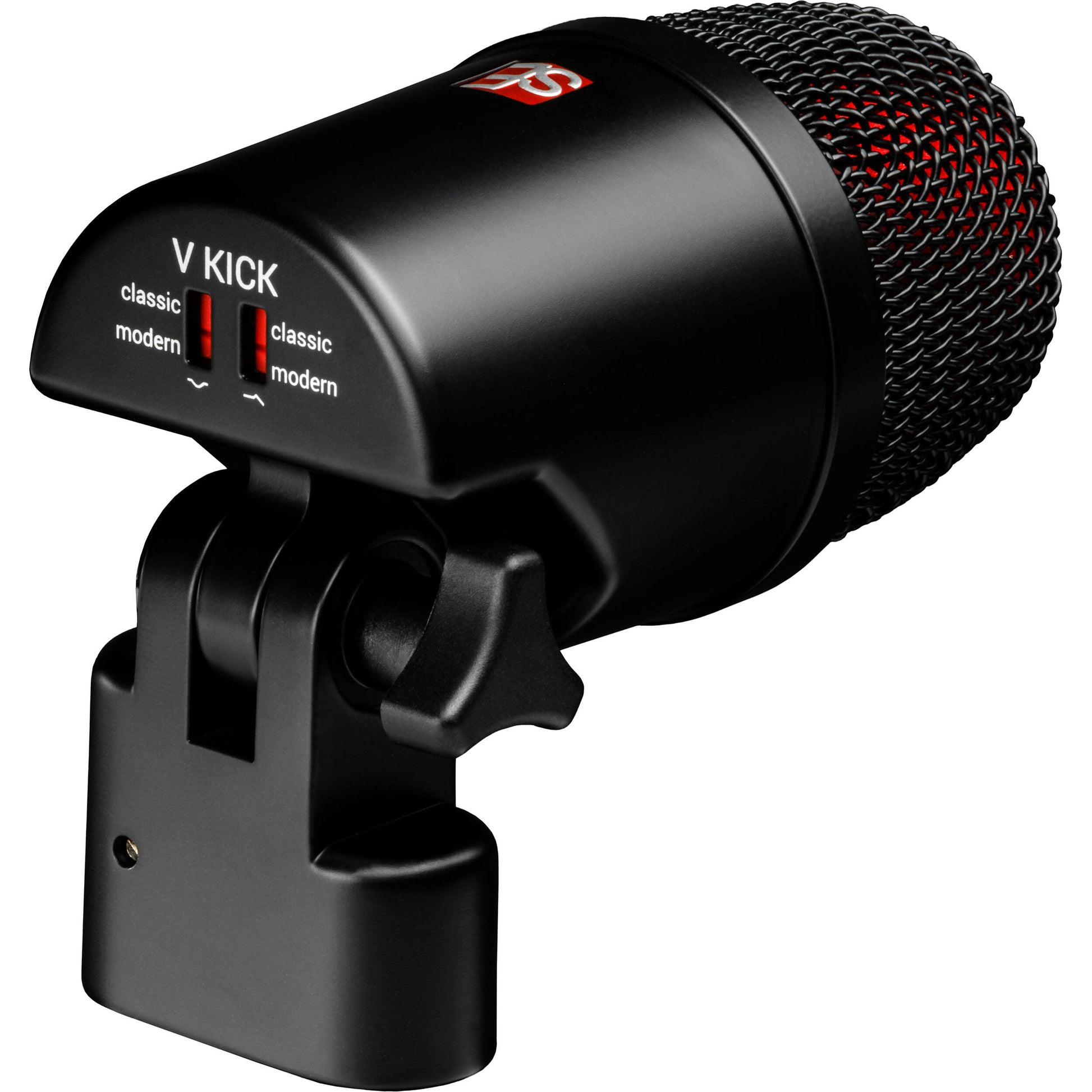 sE Electronics V KICK dynamic microphone with black body and grille, designed for kick drums and live sound applications.