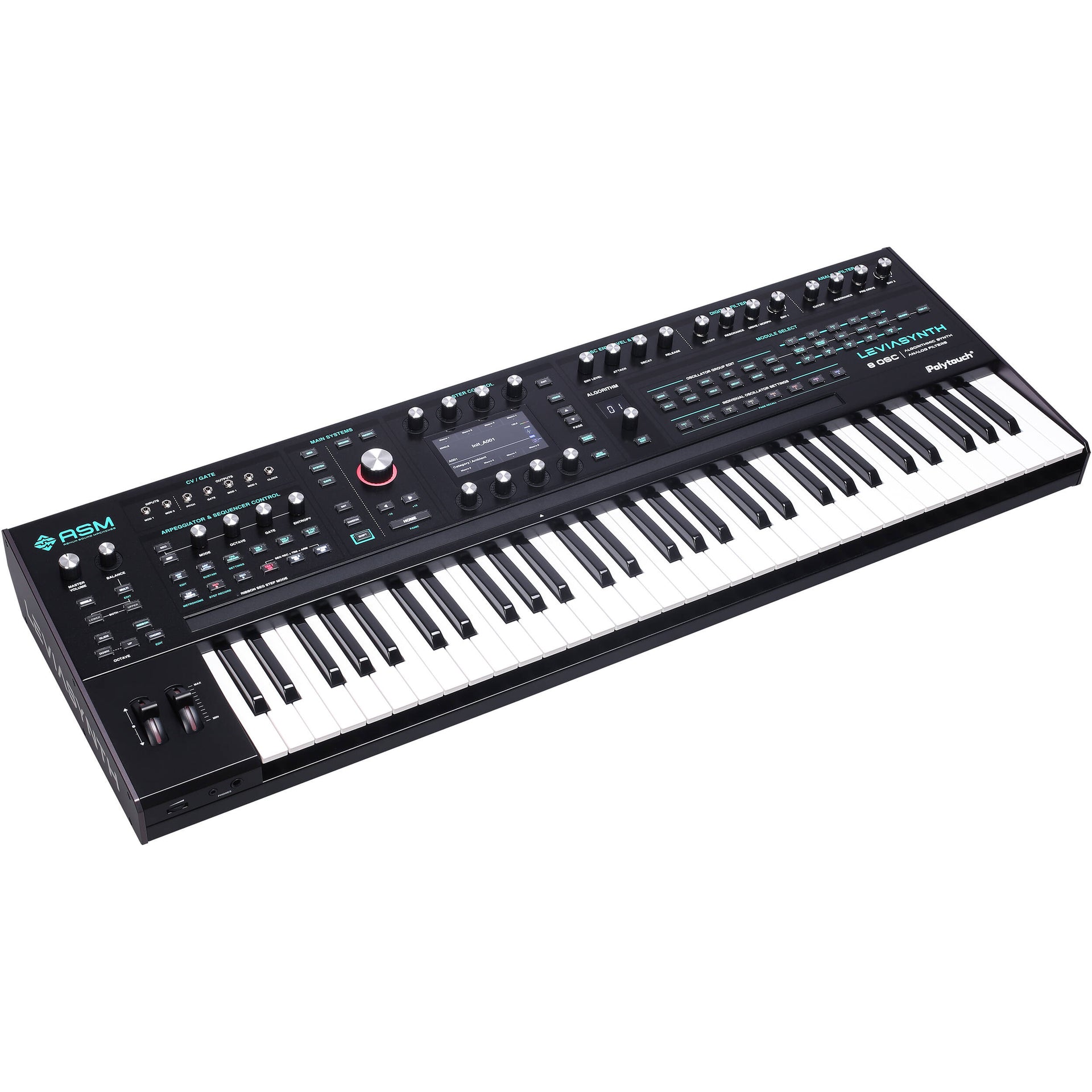 ASM Leviasynth keyboard synthesizer with black and silver keys, front panel controls, and compact design.