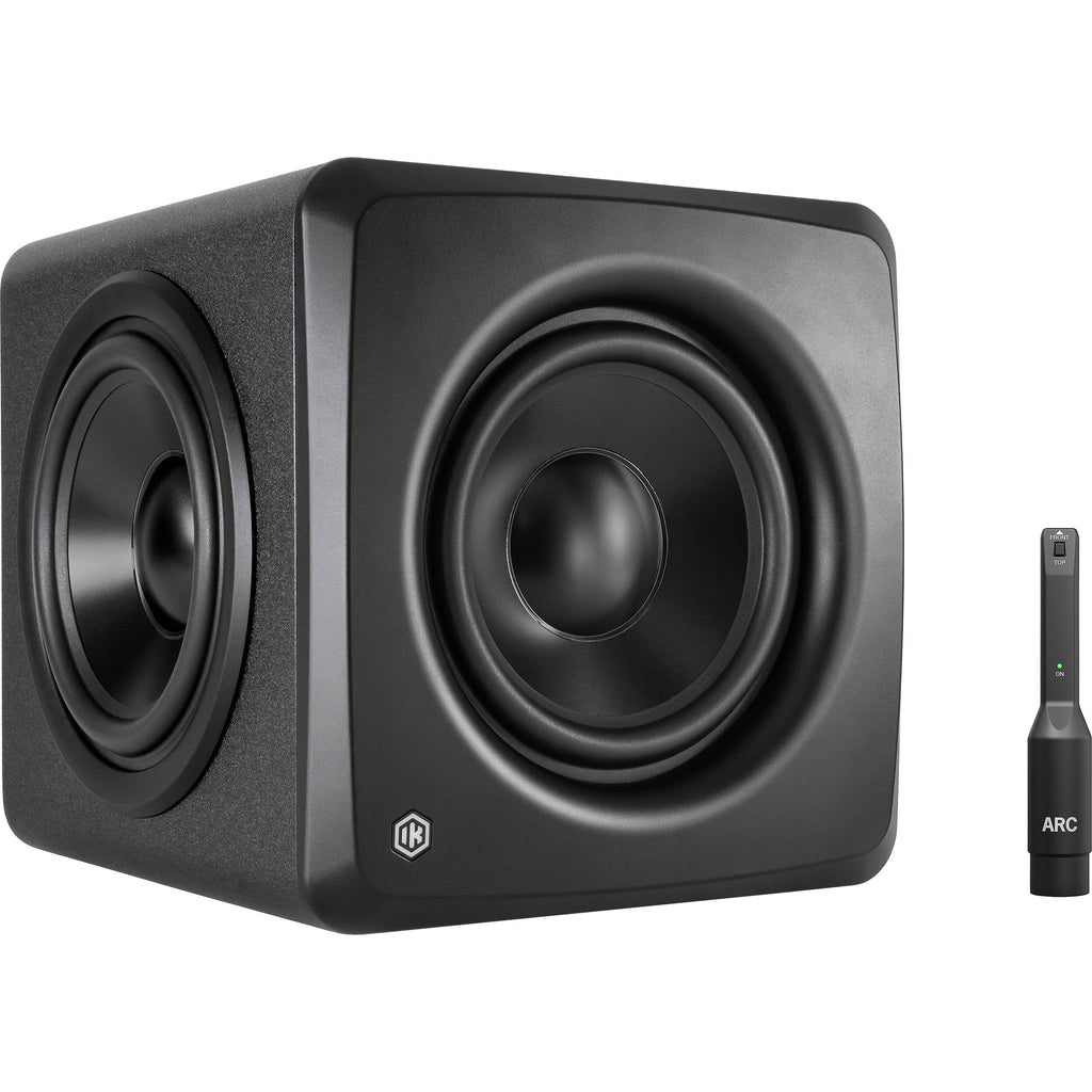 IK Multimedia iLoud Sub subwoofer with sleek black enclosure and control panel, designed for studio monitoring and audio enhancement.