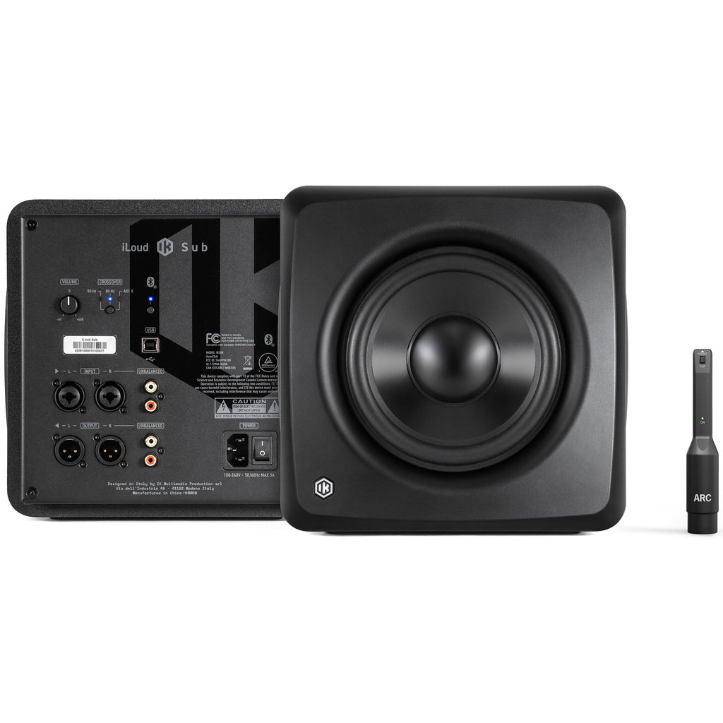 IK Multimedia iLoud Sub subwoofer with sleek black design and compact size, featuring control knobs on the front panel.