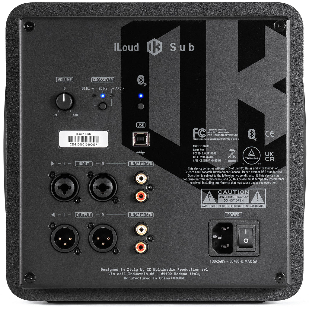 IK Multimedia iLoud Sub subwoofer with sleek black finish and control panel, designed for powerful bass in professional audio setups.