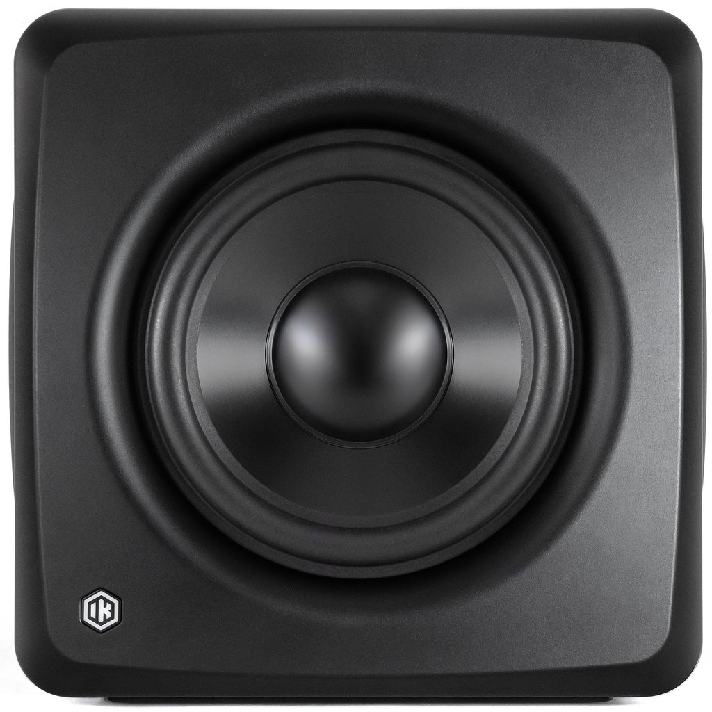 IK Multimedia iLoud Subwoofer showing sleek black design with control knobs and connection ports for powerful bass.