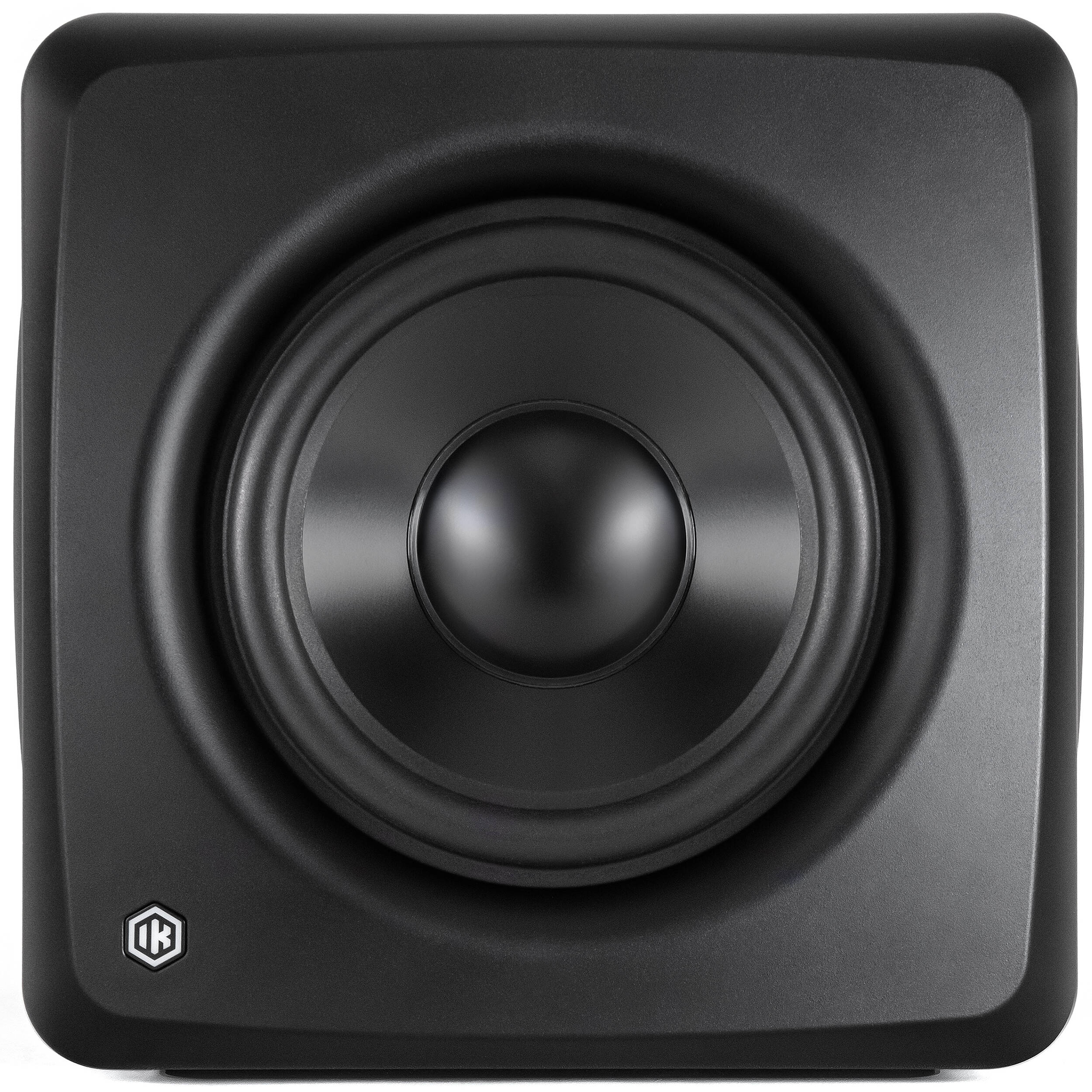 IK Multimedia iLoud Subwoofer showing sleek black design with control knobs and connection ports for powerful bass.