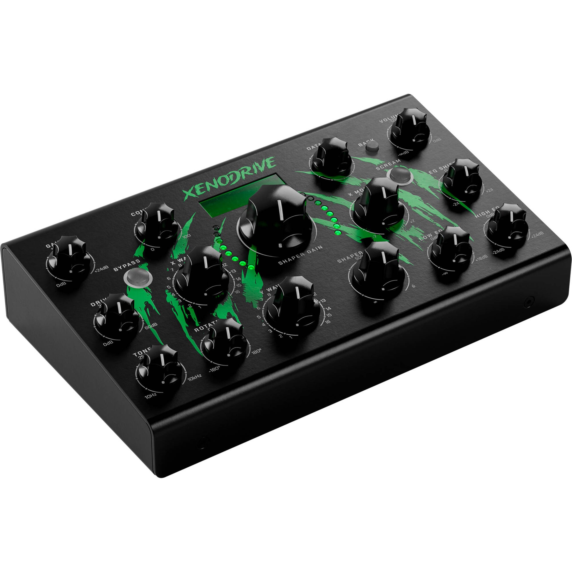 Erica Synths Xenodrive effects pedal with knobs and switches on a dark background, showcasing its design and functionality.