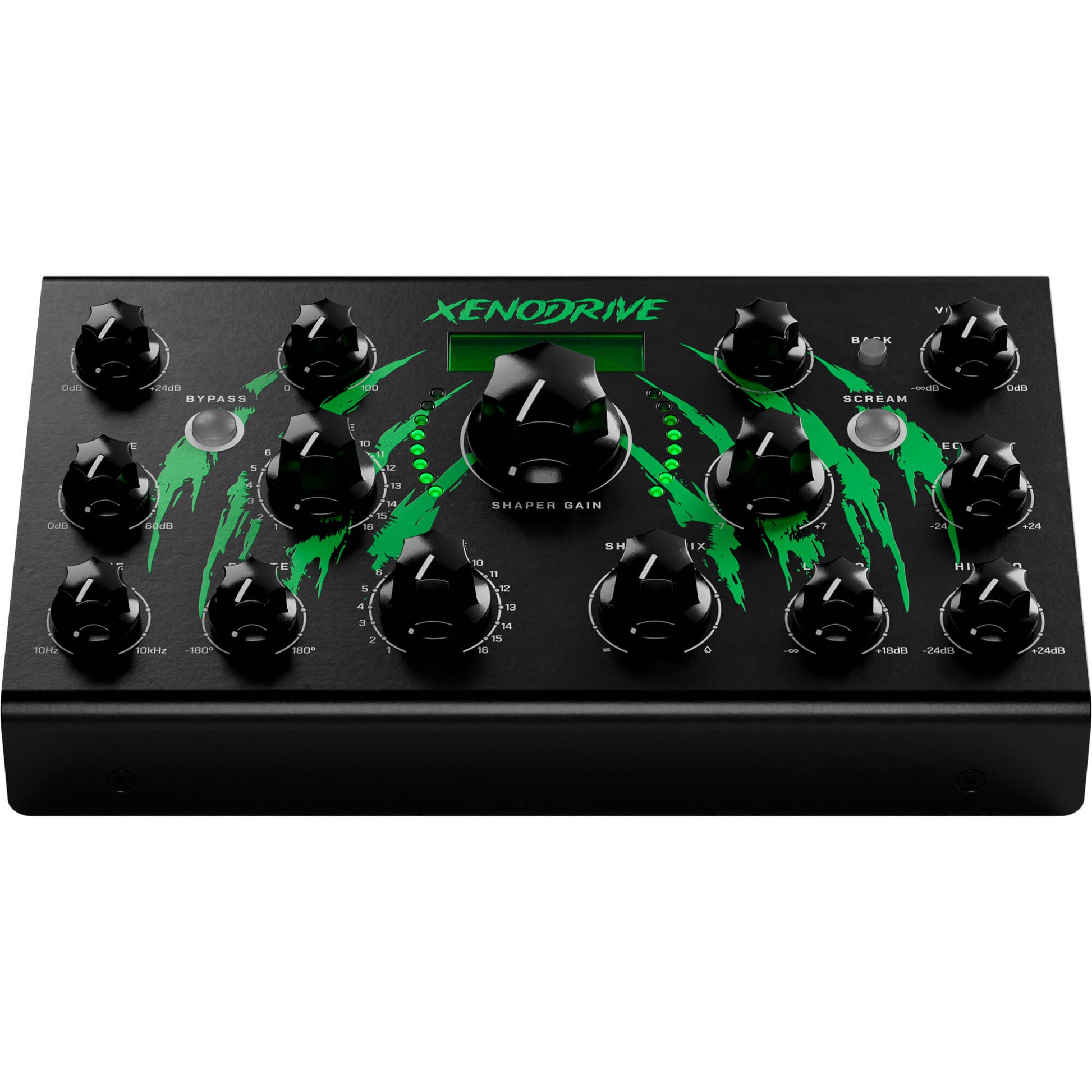 Erica Synths Xenodrive effects pedal with knobs and connections, showcasing its compact design and unique features.