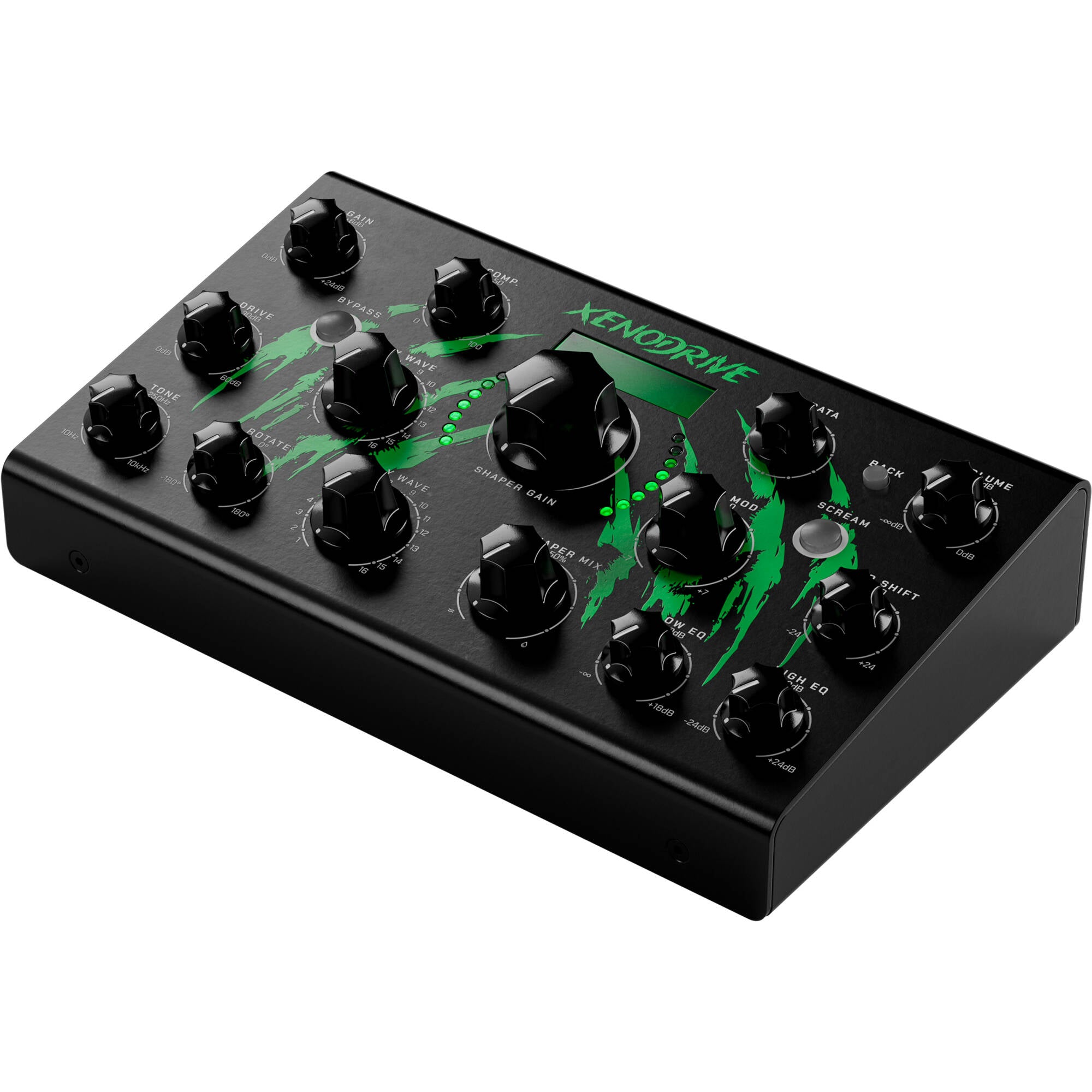 Erica Synths Xenodrive effects pedal with knobs and inputs, showcasing its compact design and robust build.
