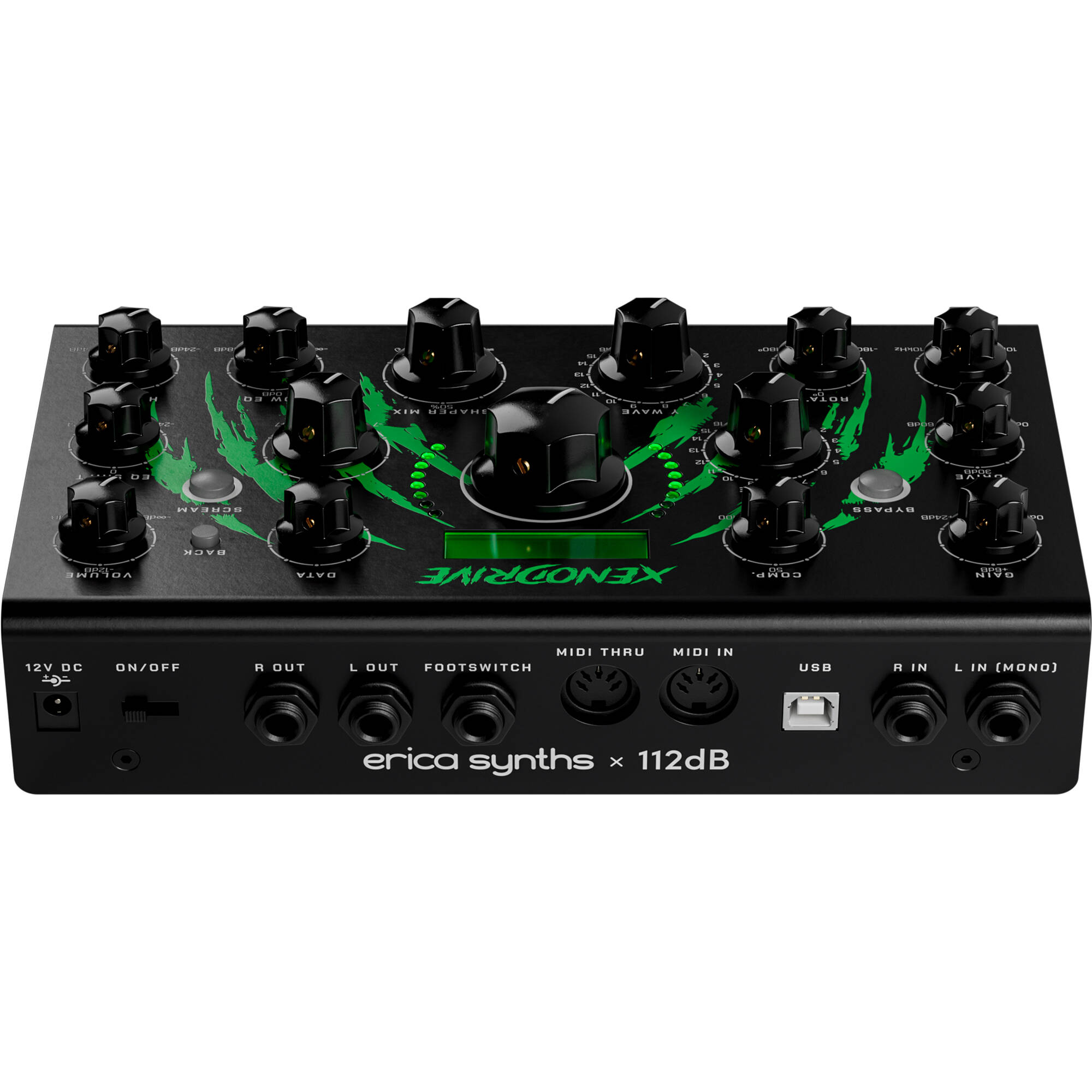 Erica Synths Xenodrive effects pedal featuring knobs, switches, and a sleek design for sound modulation.