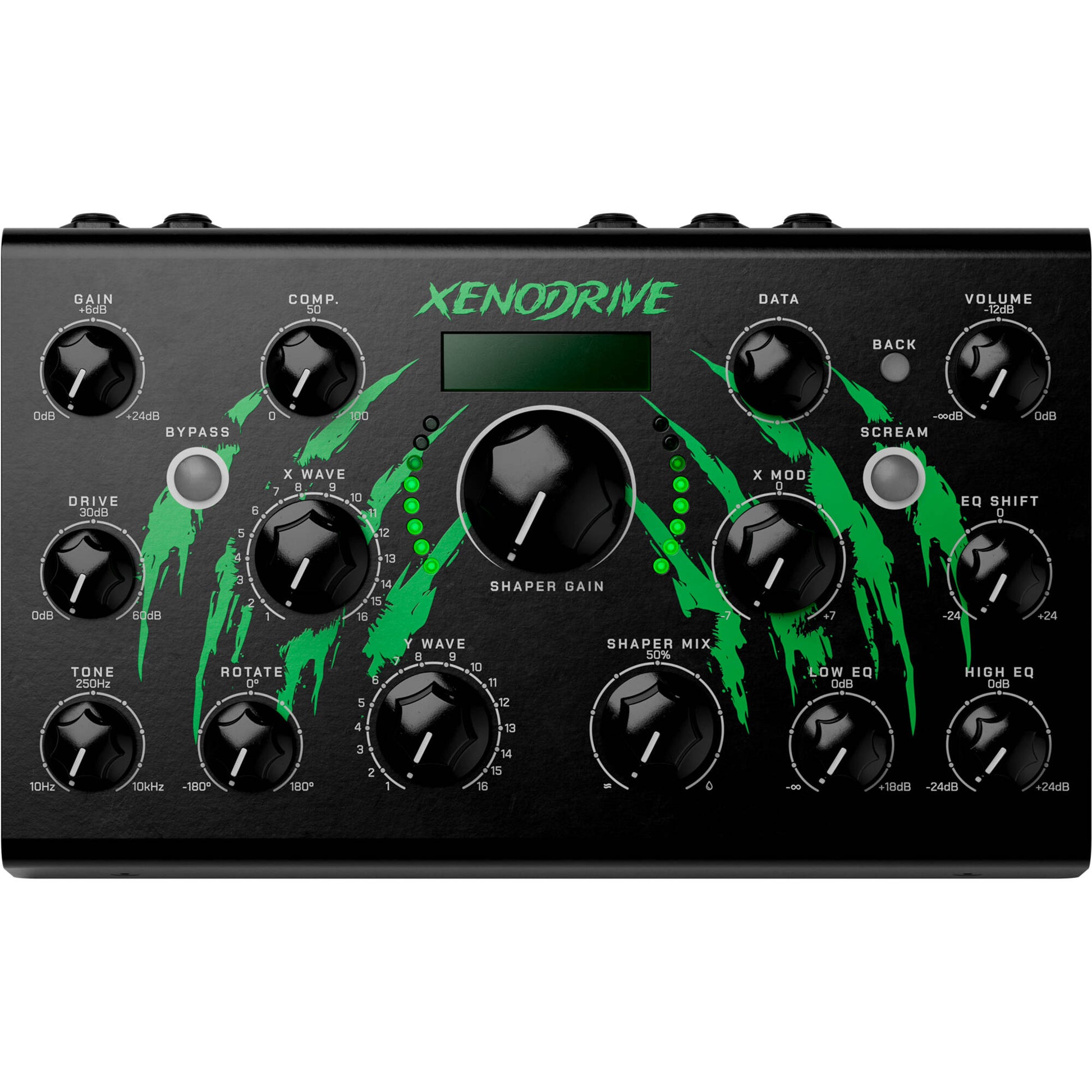 Erica Synths Xenodrive effects pedal with knobs and inputs visible on a wooden surface.