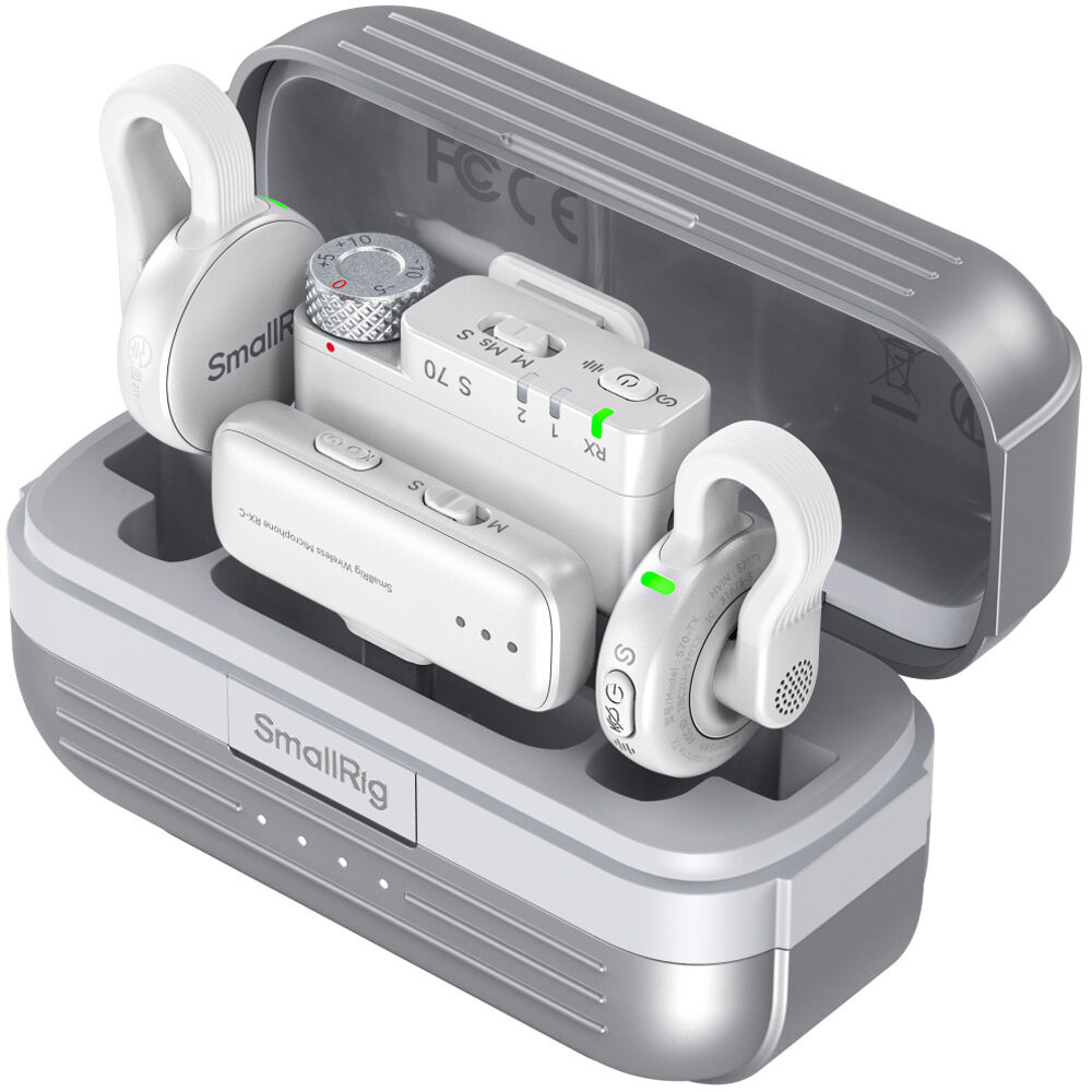 SmallRig S70 wireless microphone system with two transmitters, two receivers, and charging case for professional audio recording.