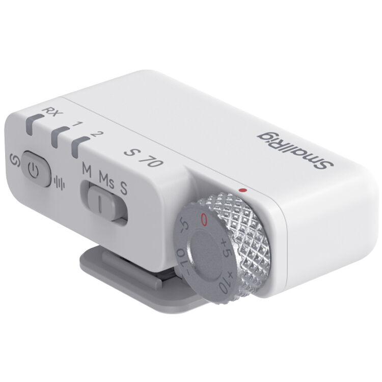 SmallRig S70 wireless microphone system with two transmitters, two receivers, and charging case for professional audio recording.