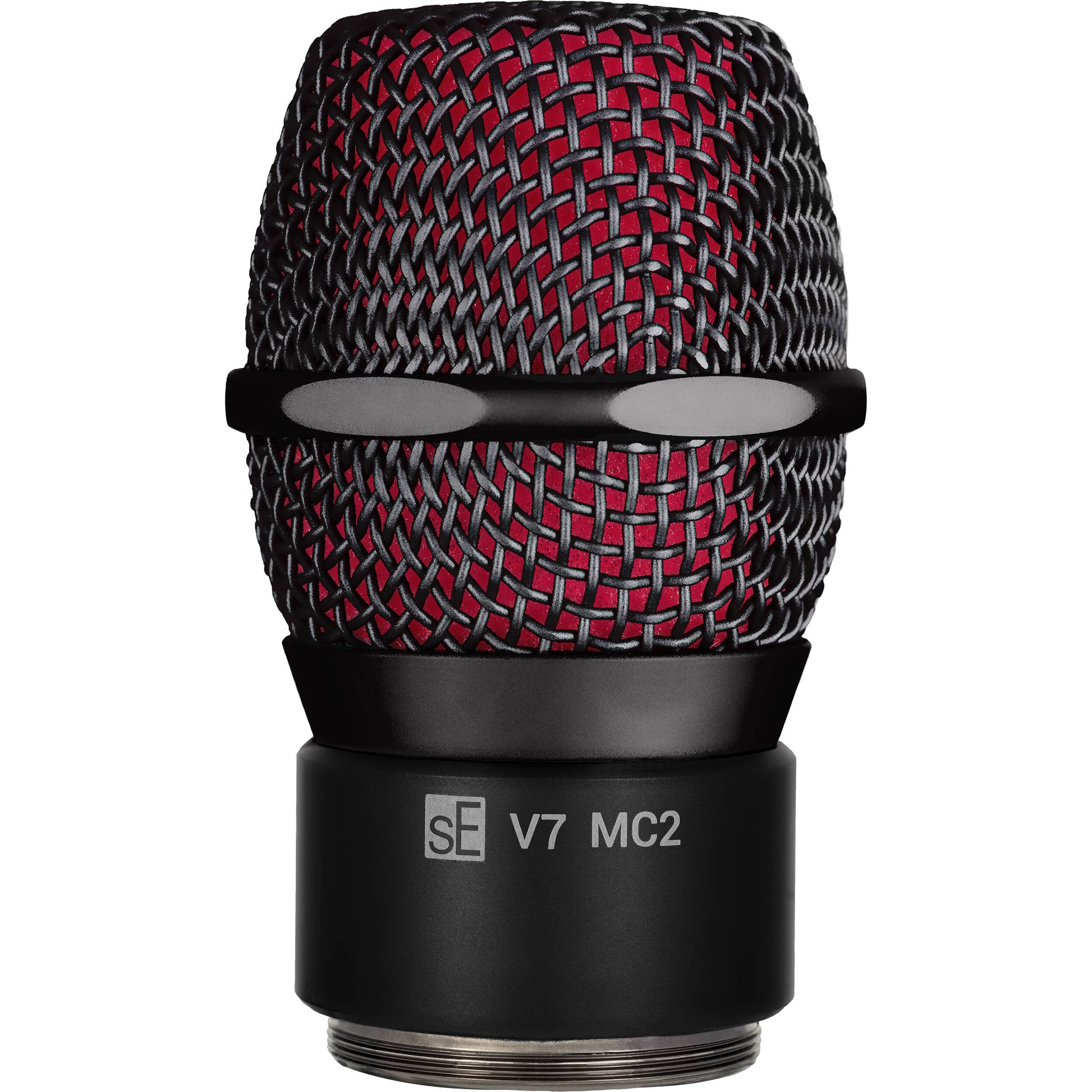 SE Electronics V7 MC2 dynamic microphone shown with professional audio connectors and sleek black design.