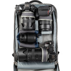 Think Tank Shape Shifter video equipment bag showing adjustable compartments and padded interior for camera gear storage.