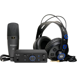 Fender Quantum Creator Bundle studio music production set with headphones, audio interface, and accessories for musicians.