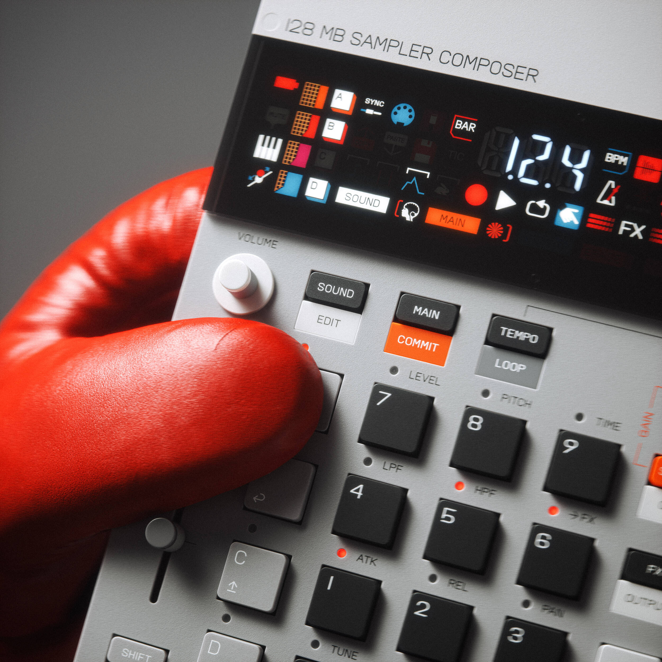 Teenage Engineering EP-133 K.O. II drum machine and sampler with colorful interface and control knobs.