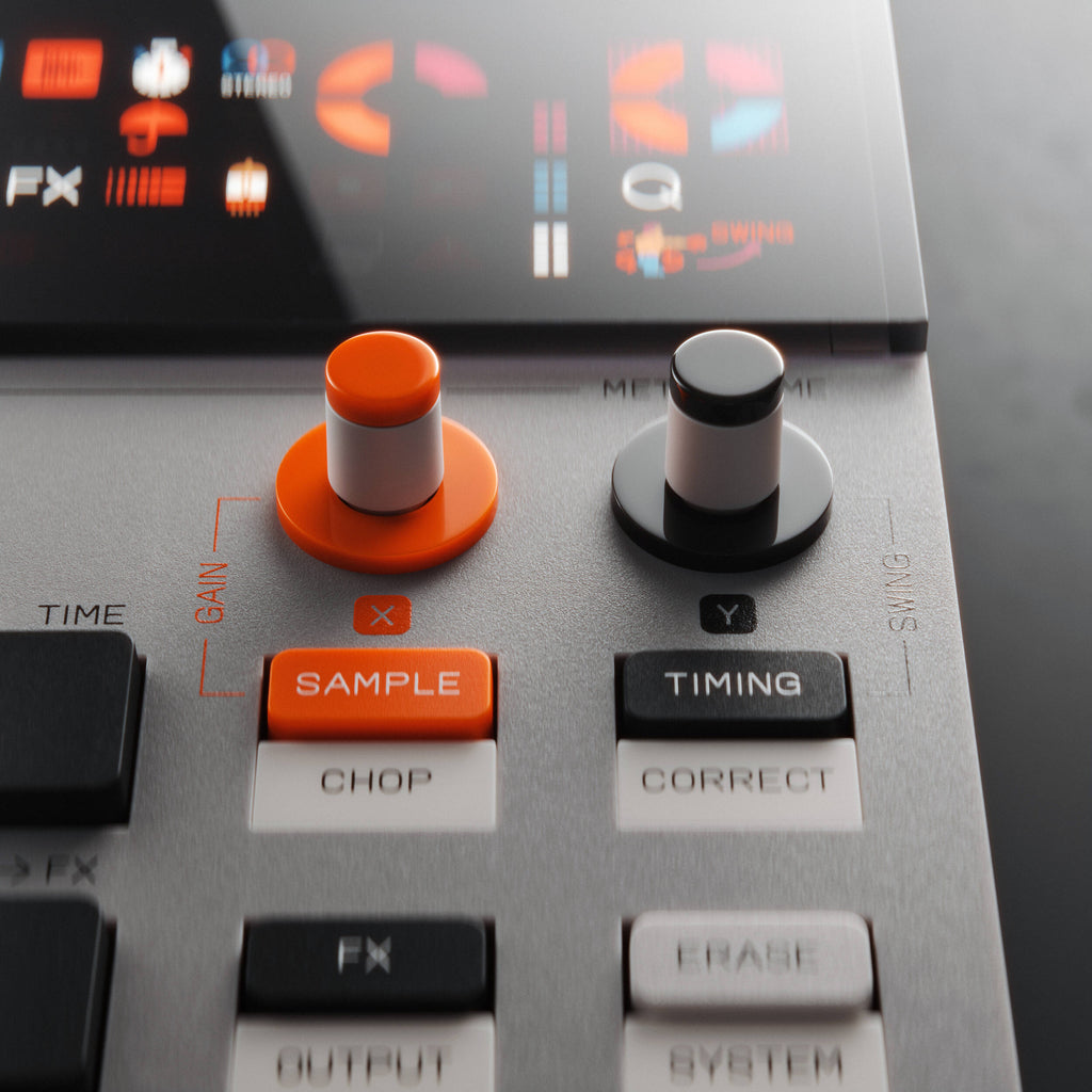 Teenage Engineering EP-133 K.O. II drum machine and sampler with colorful interface and control knobs on a dark background.