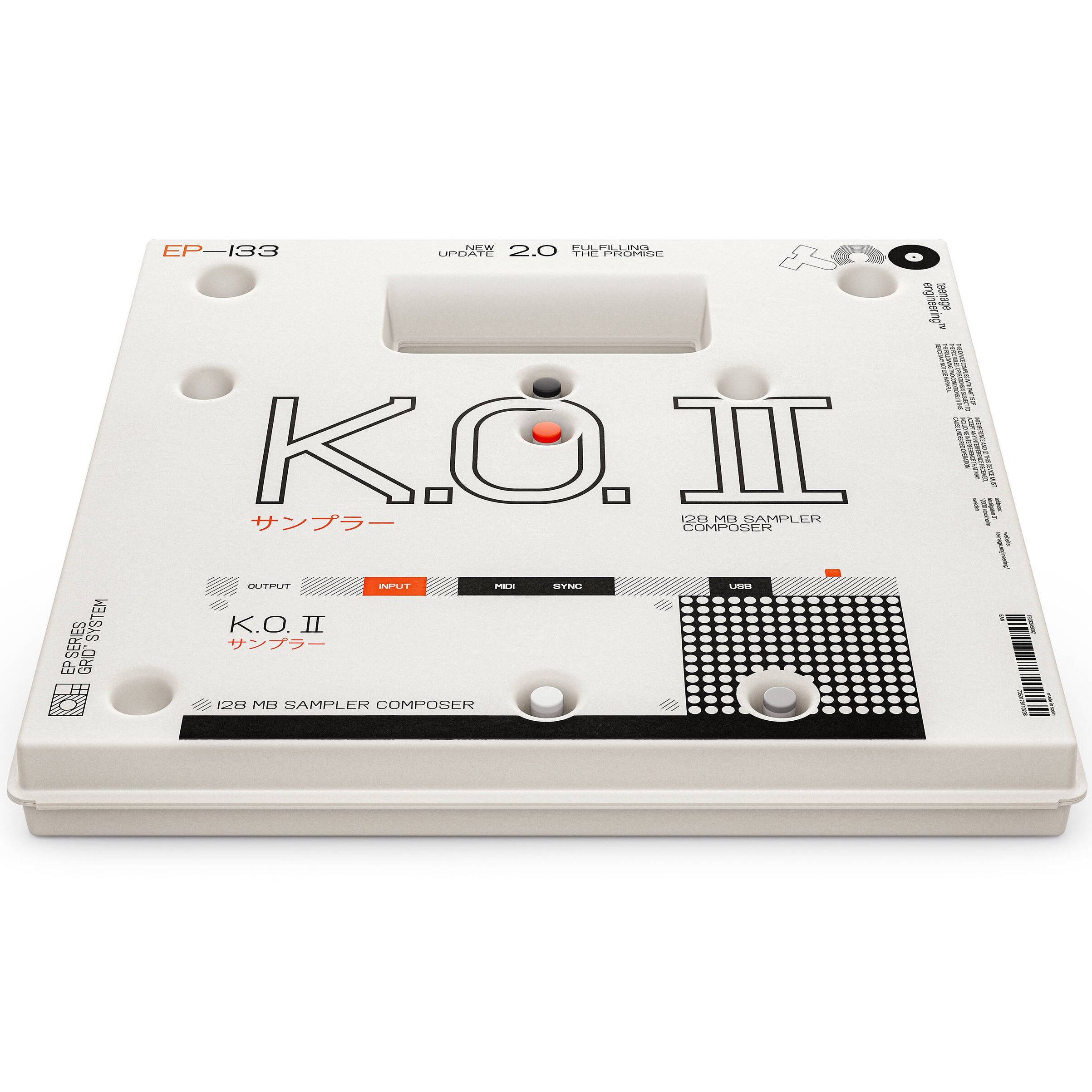 Teenage Engineering EP-133 K.O. II drum machine and sampler with control knobs and interface, compact electronic music device