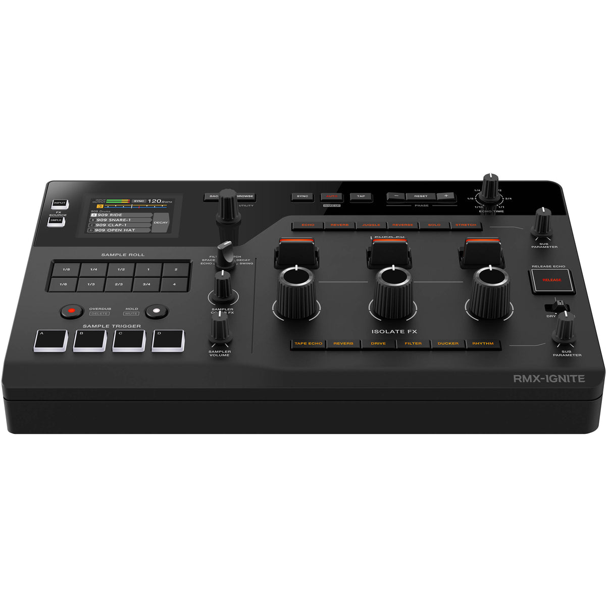 AlphaTheta RMX-IGNITE DJ effects unit with colorful controls and display, used for sound manipulation in live DJ performances.