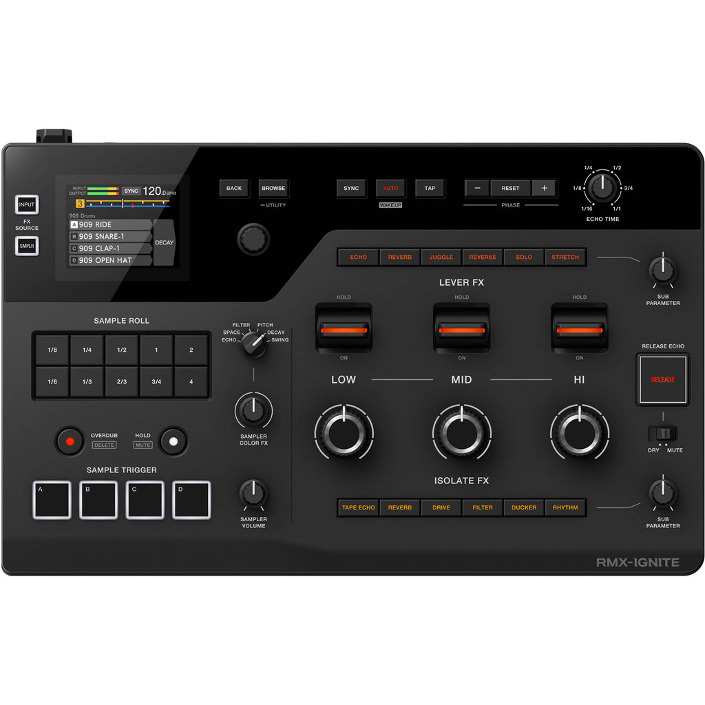AlphaTheta RMX-IGNITE DJ effects unit with colorful controls and display, used for live music mixing and audio effects.