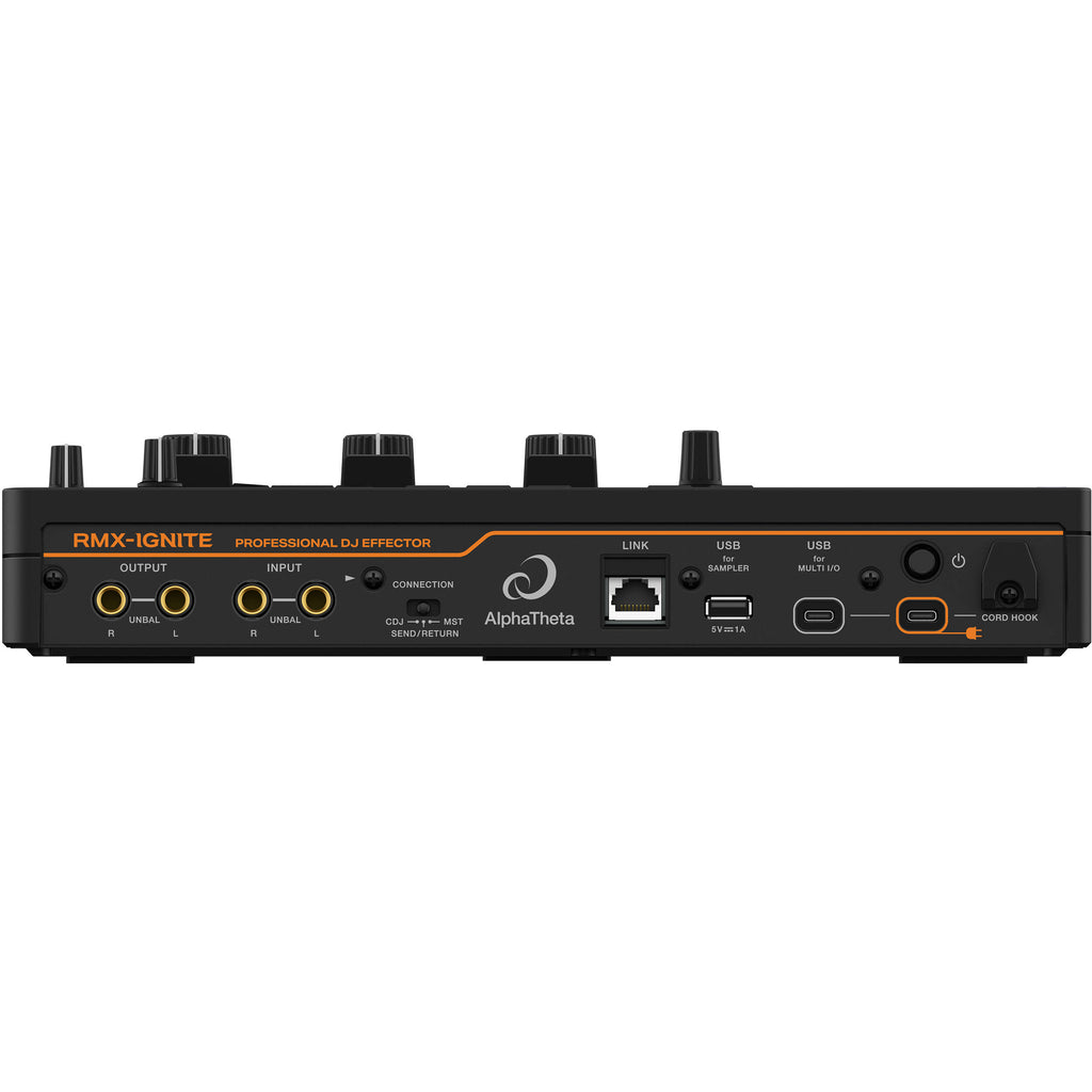 AlphaTheta RMX-IGNITE DJ effects pedal with multiple controls and colorful LED lights, used for live music mixing and sound effects.