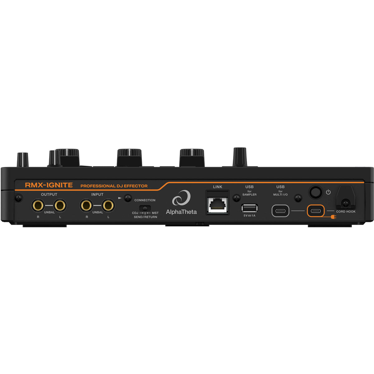 AlphaTheta RMX-IGNITE DJ effects pedal with multiple controls and colorful LED lights, used for live music mixing and sound effects.