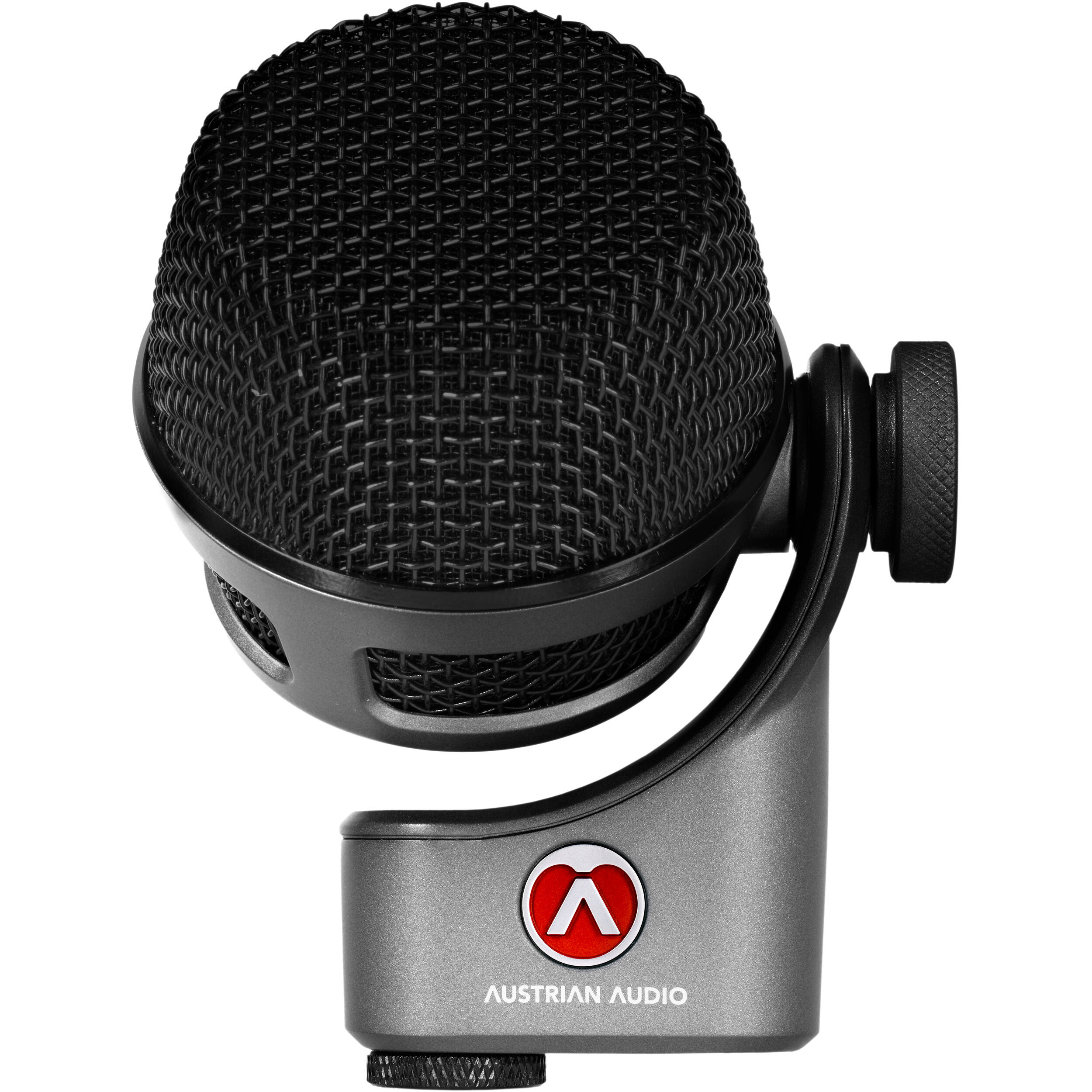 Austrian Audio OC-B6 condenser microphone with black body and grille, shown on a stand with cable for studio recording.