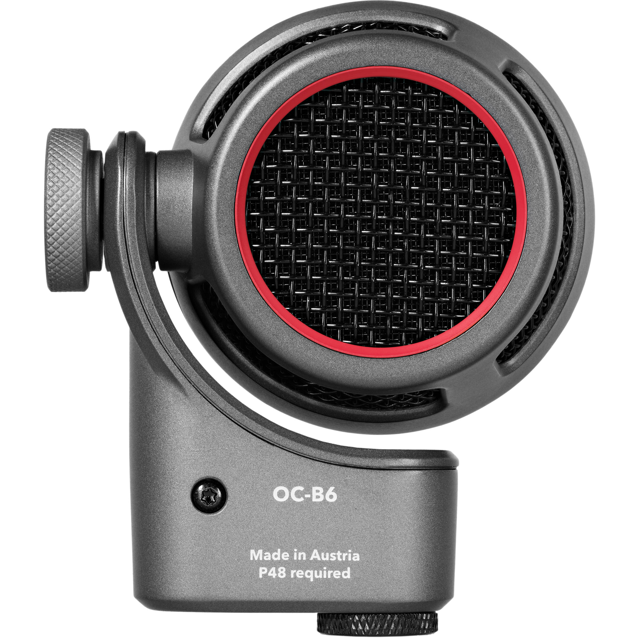 Austrian Audio OC-B6 condenser microphone with metal body and grille, positioned on a stand ready for recording or vocals.