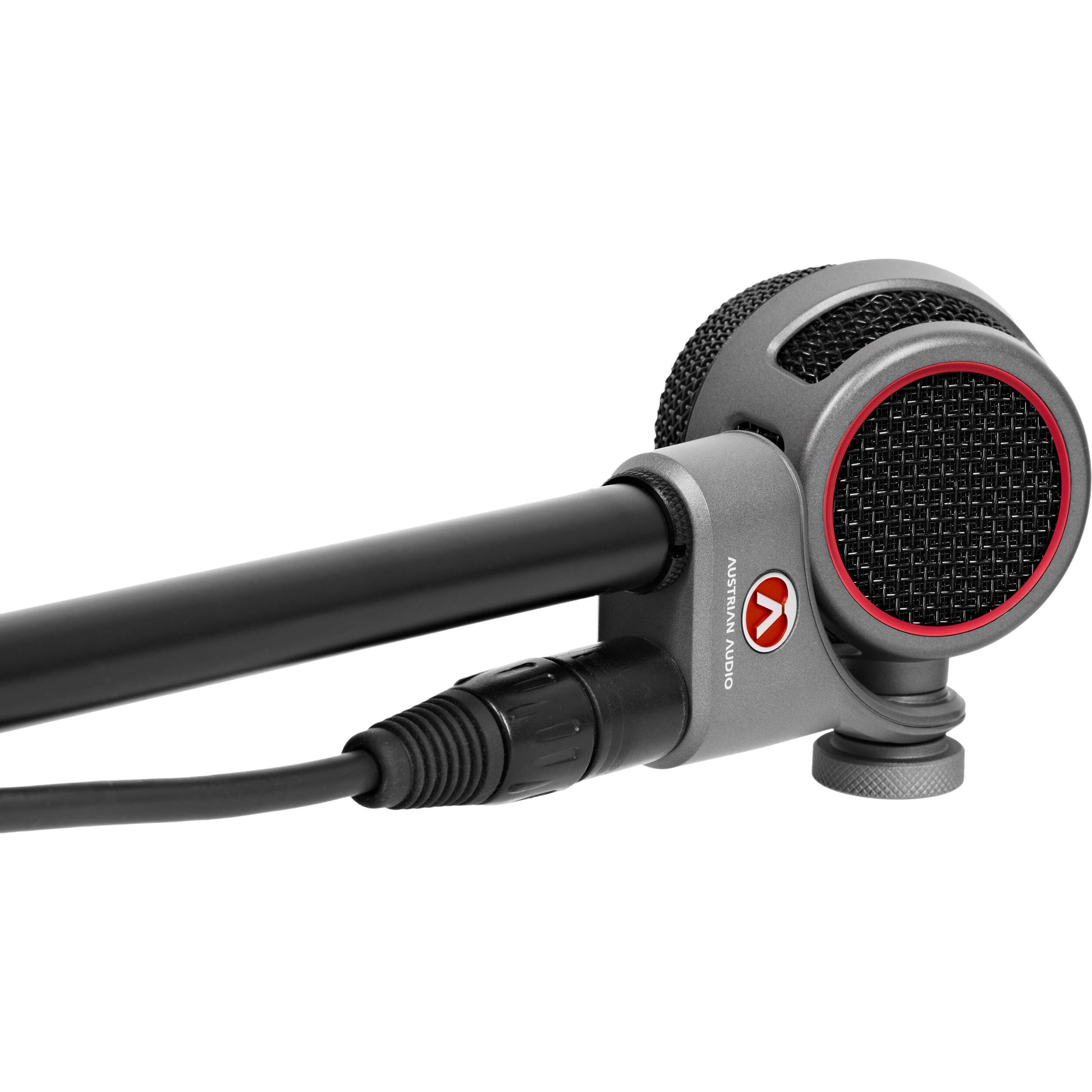 Austrian Audio OC-B6 condenser microphone with gold-colored body and black grille, positioned on a stand for studio recording.