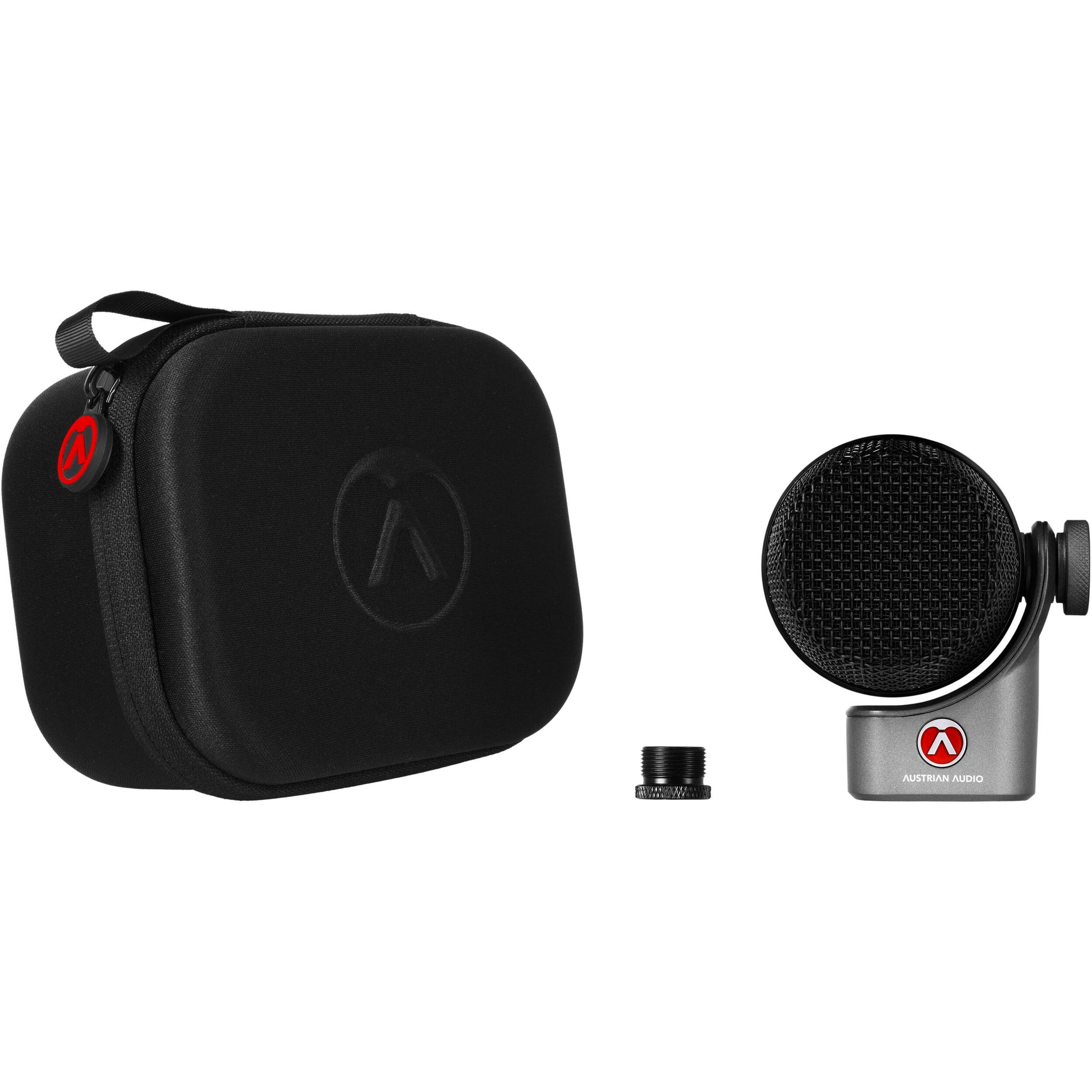 Austrian Audio OC-B6 condenser microphone with gold-plated capsule and sleek black body, ideal for studio recording.