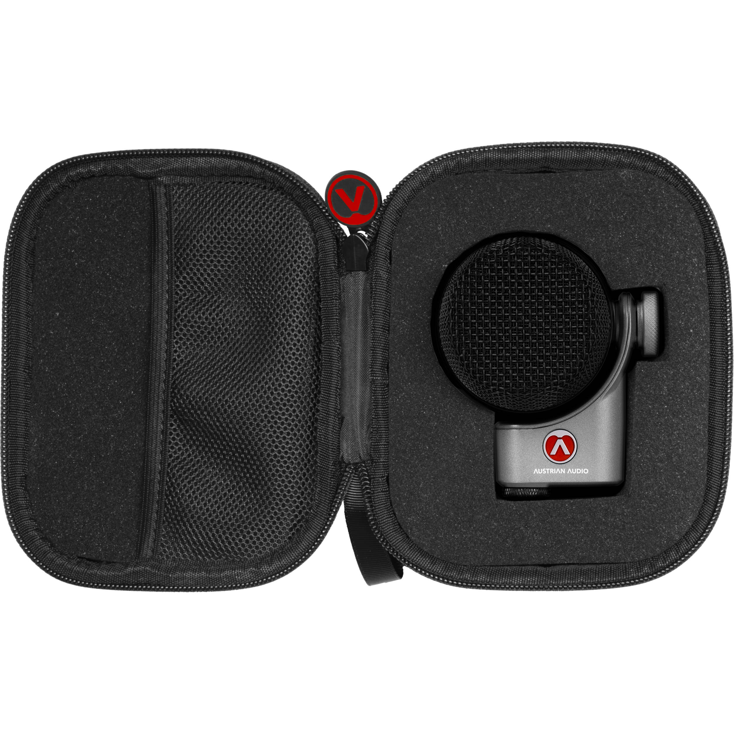 Austrian Audio OC-B6 condenser microphone with black body and grille, positioned on a stand for studio recording.