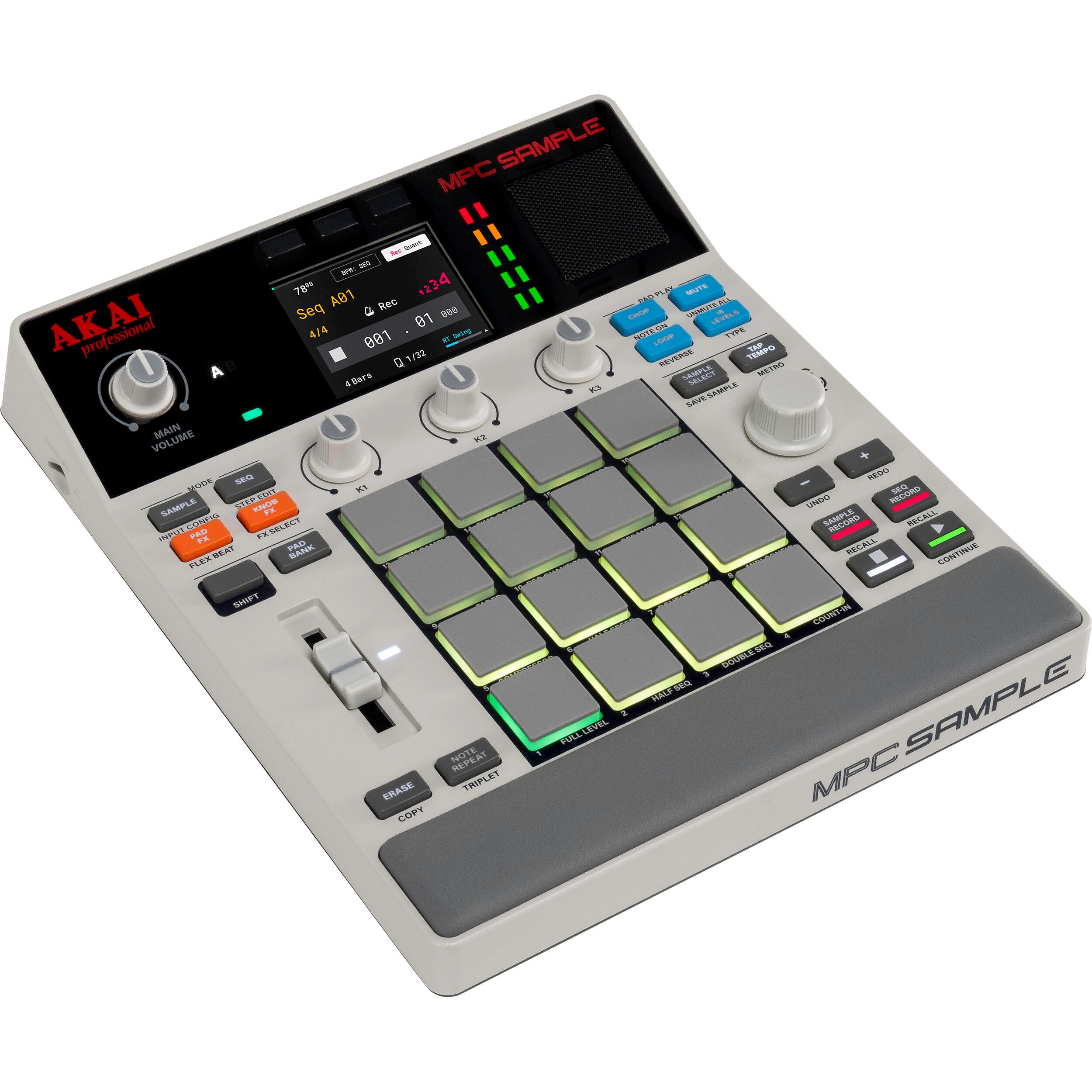 Akai Professional MPC sample drum machine and sampler with colorful pad interface and control knobs.