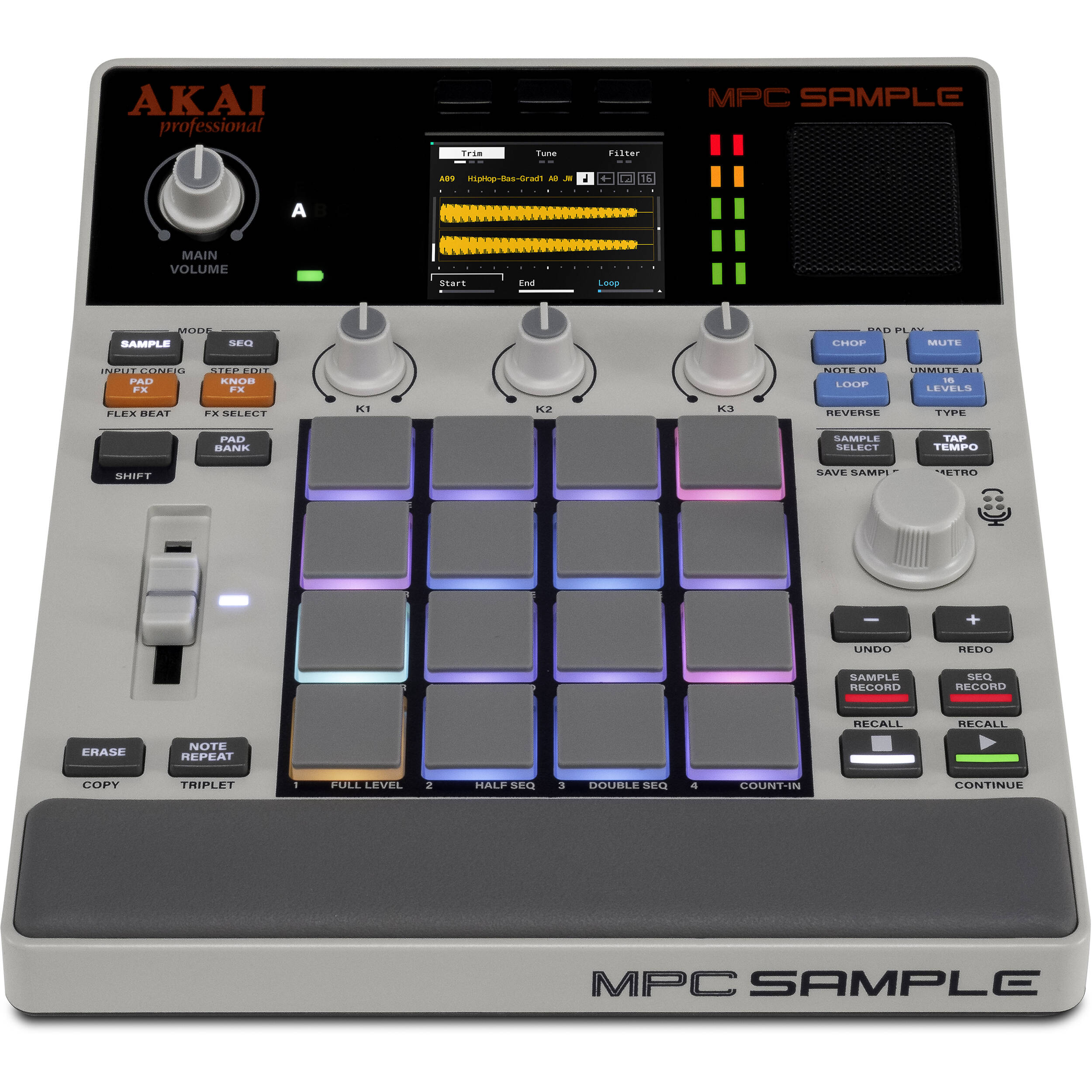 Akai Professional MPC sample drum machine and sampler with colorful pads and controls for music production.
