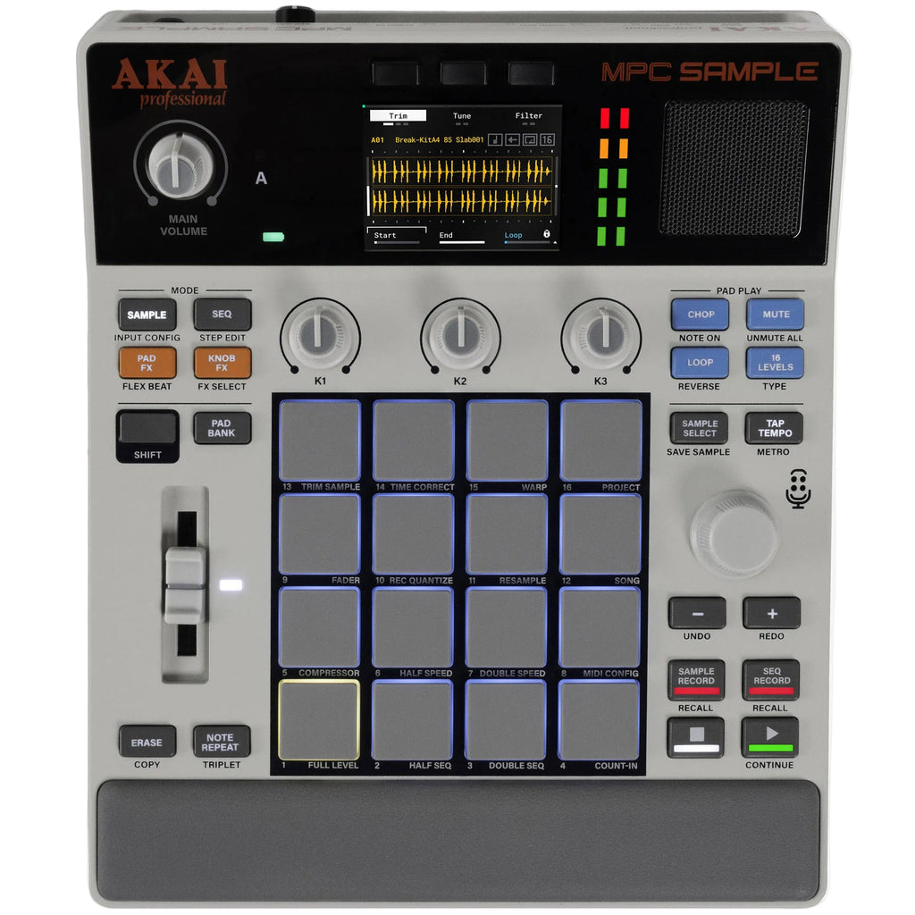 Akai Professional MPC sample drum machine and sampler with various pads and controls visible in the image.