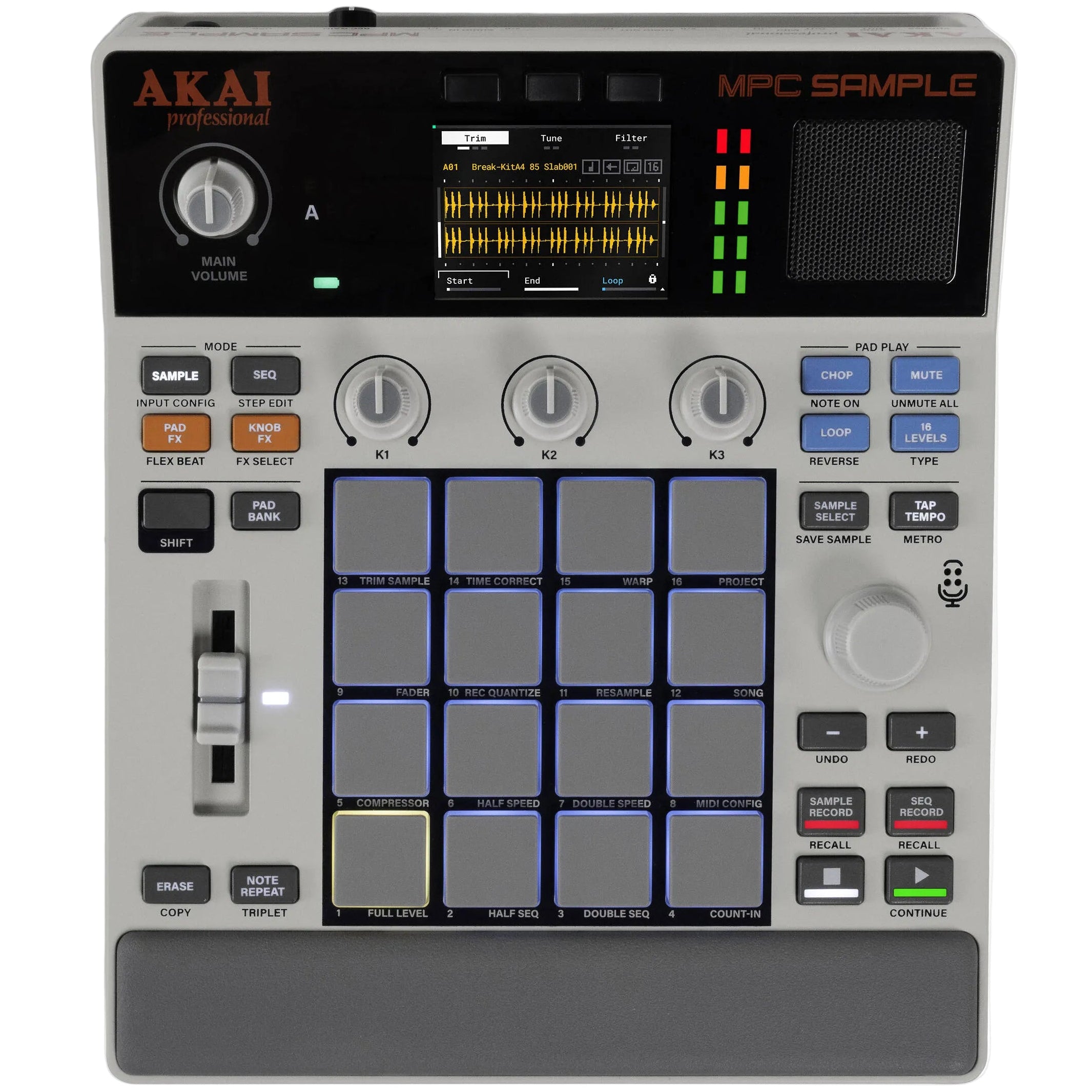 Akai Professional MPC sample drum machine and sampler with various pads and controls visible in the image.