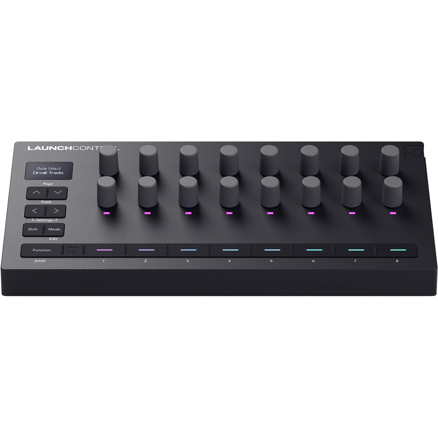 Novation Launch Control 3 MIDI controller with knobs and buttons for music production, set against a neutral background.