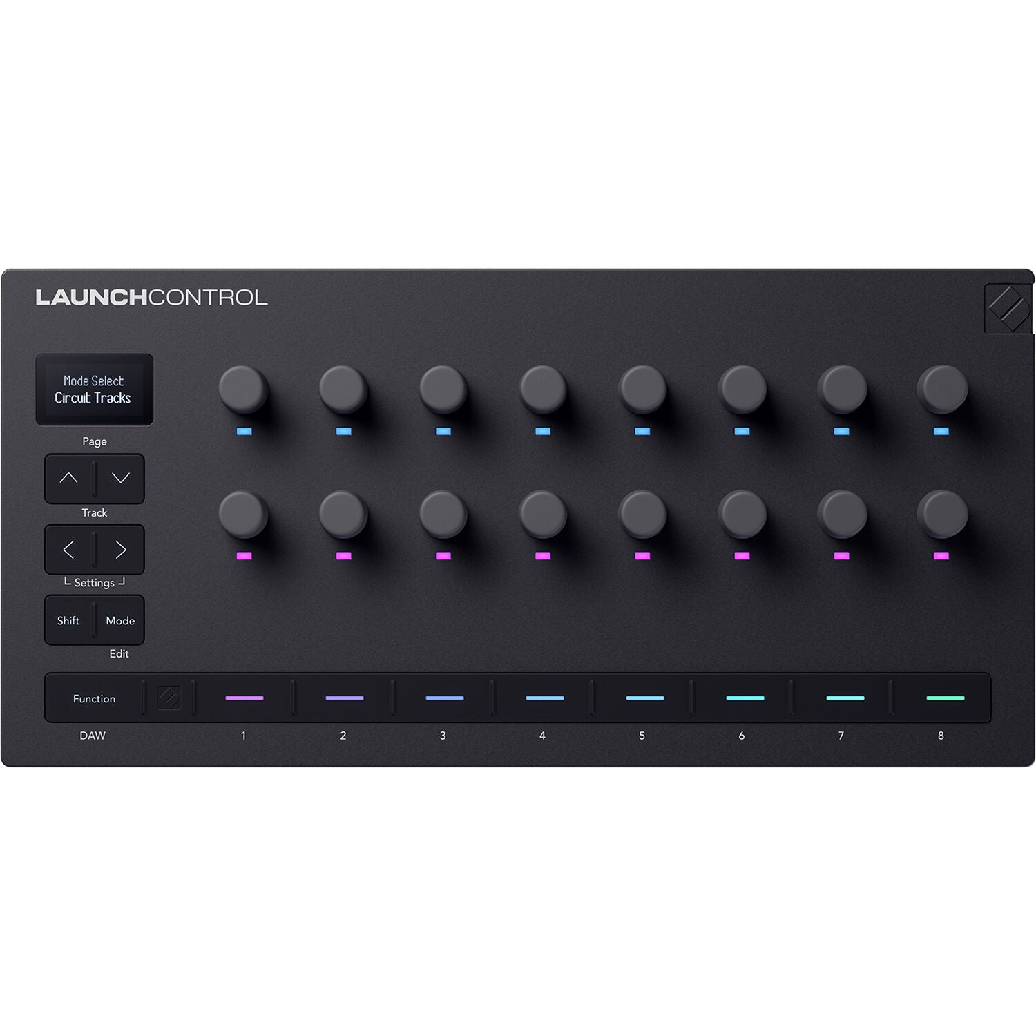 Novation Launch Control 3 MIDI controller with various knobs and pads, designed for music production and live performance.