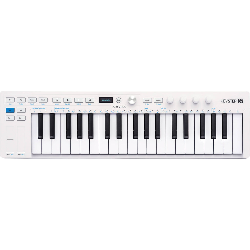 Arturia KeyStep 37 MK2 sequencer with MIDI and CV connectivity, compact keyboard with control knobs and colorful LED indicators.