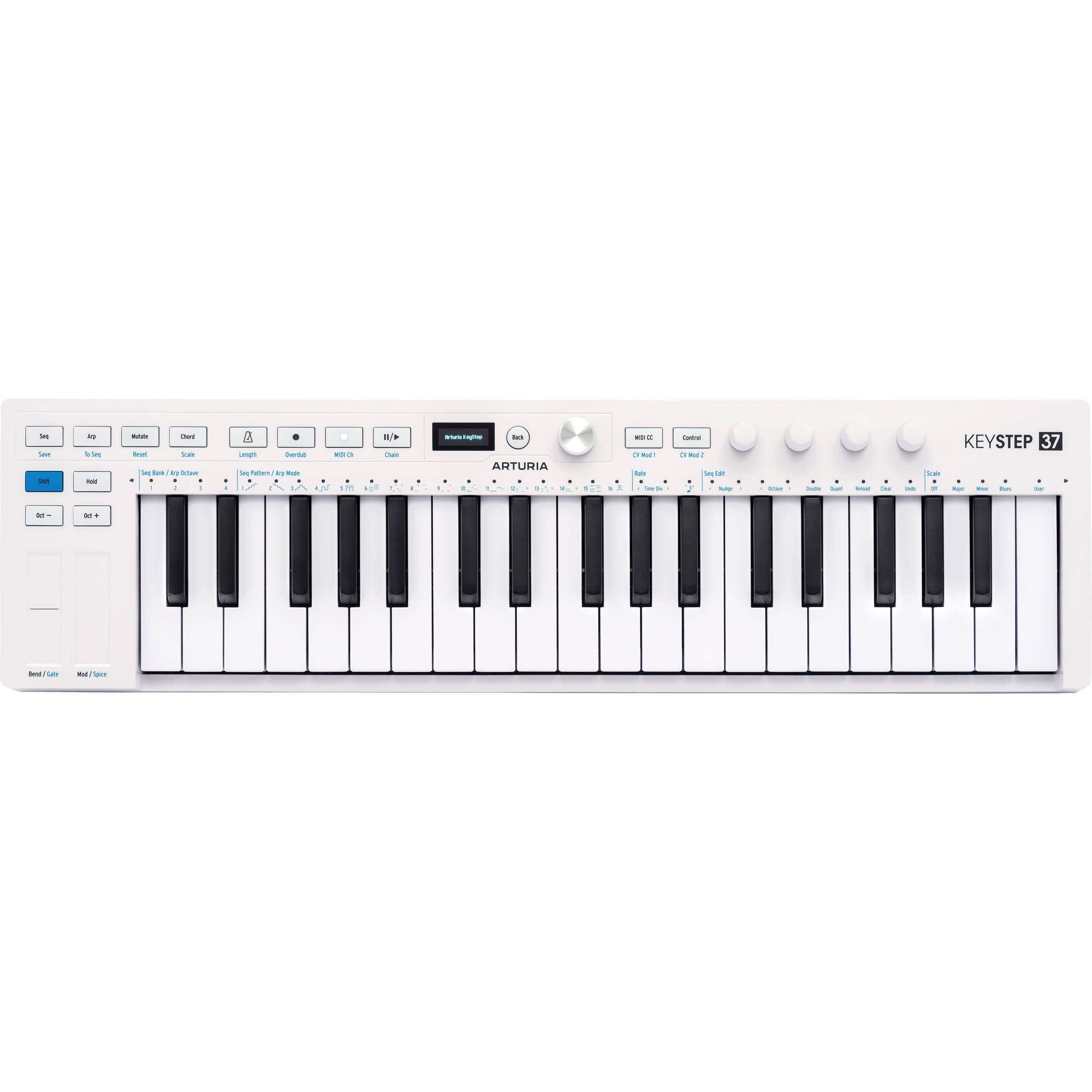 Arturia KeyStep 37 MK2 sequencer with MIDI and CV connectivity, compact keyboard with control knobs and colorful LED indicators.