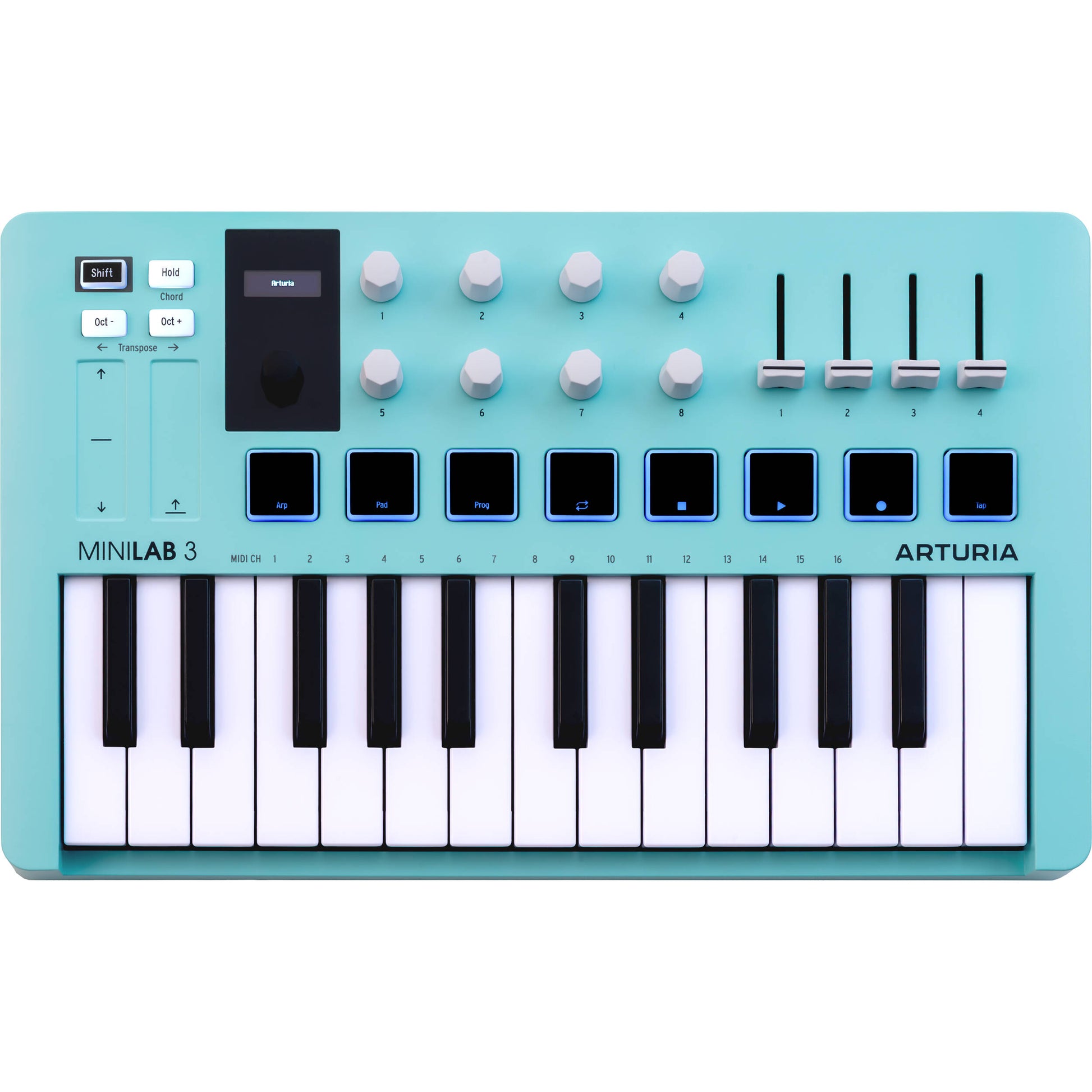 Arturia MiniLab 3 MIDI keyboard with compact design, black and gray keys, and control knobs for music production.