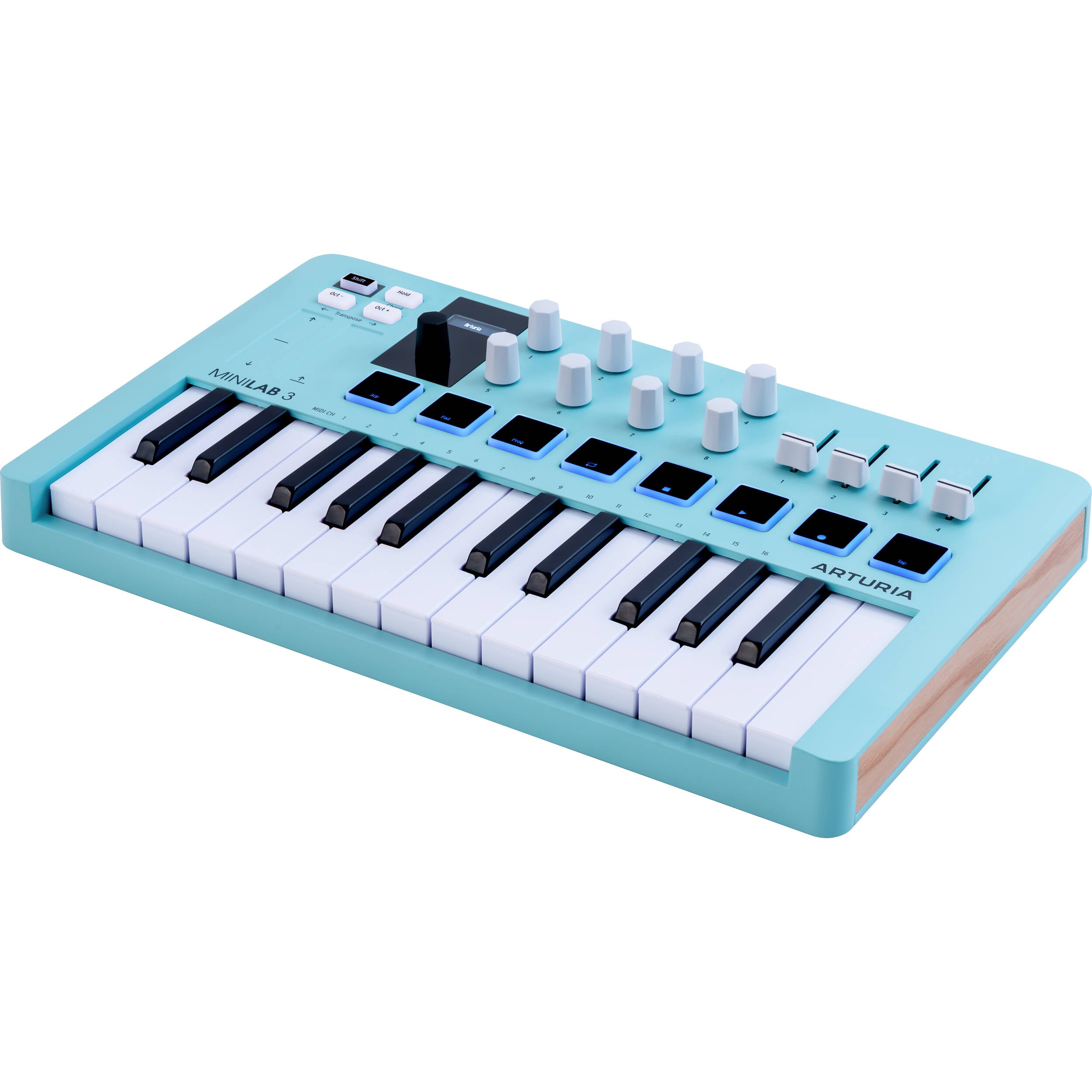 Arturia MiniLab 3 MIDI keyboard with 25 keys, control knobs, and pads, ideal for music production and studio use.
