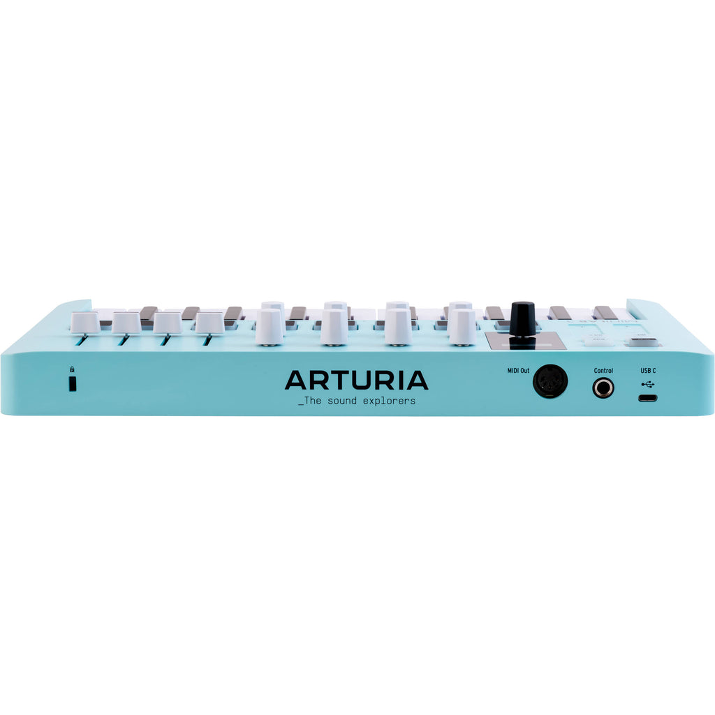 Arturia MiniLab 3 MIDI keyboard with black and white keys, compact design, and control knobs for music production.