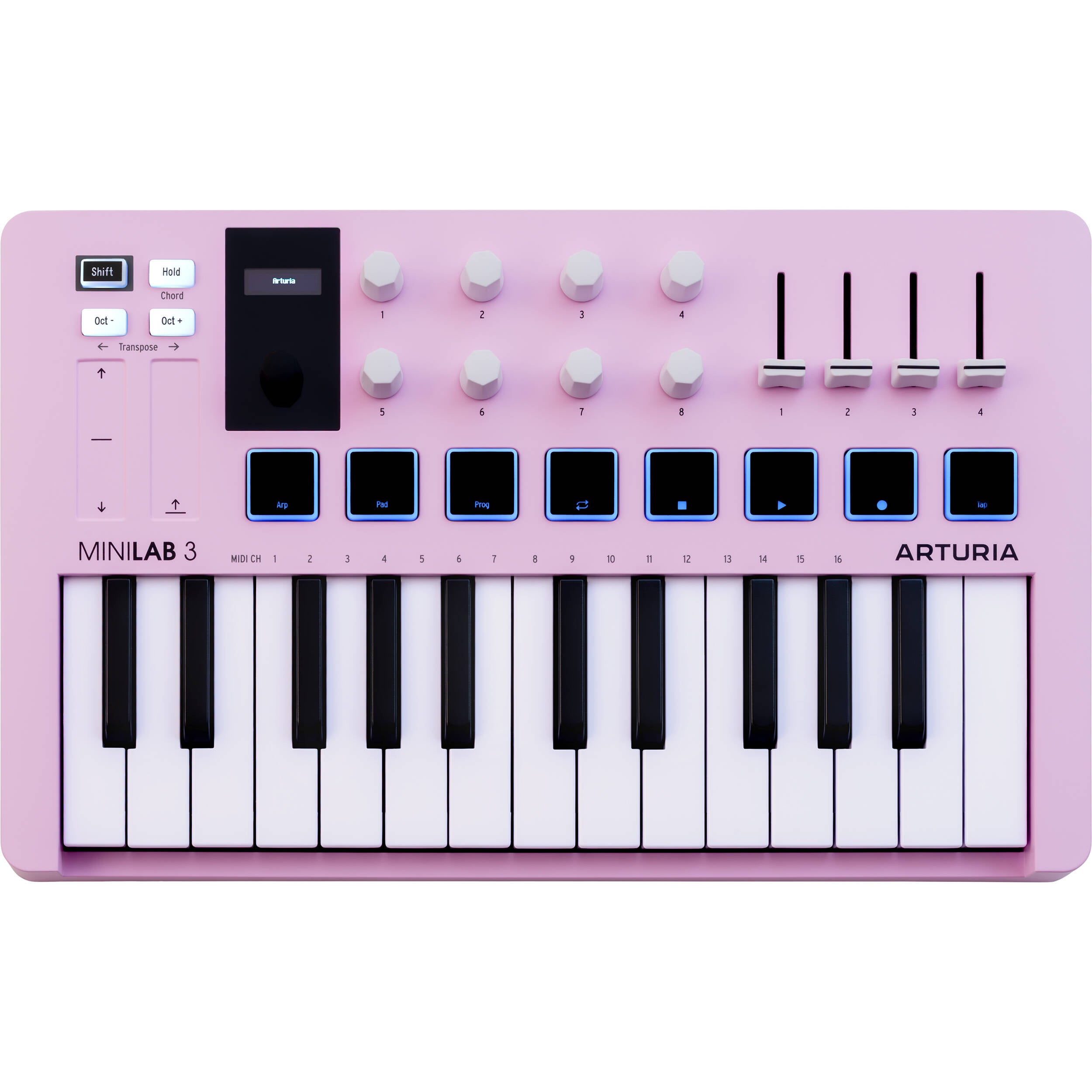 Arturia MiniLab 3 MIDI keyboard with 25 keys, colorful control knobs, and compact design for music production and performance.
