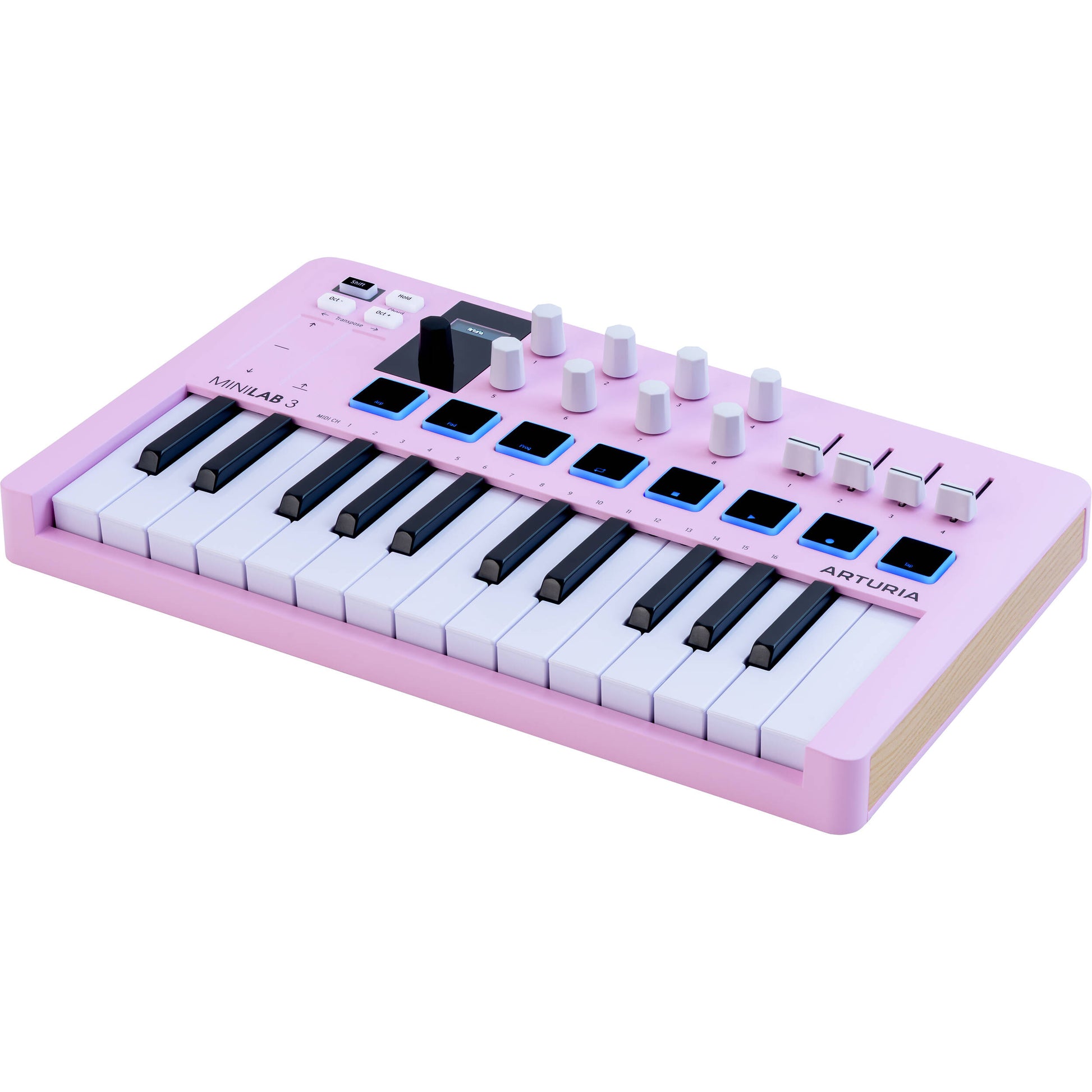 Arturia MiniLab 3 MIDI keyboard with 25 keys, featuring control knobs and pads, designed for music production and studio use.